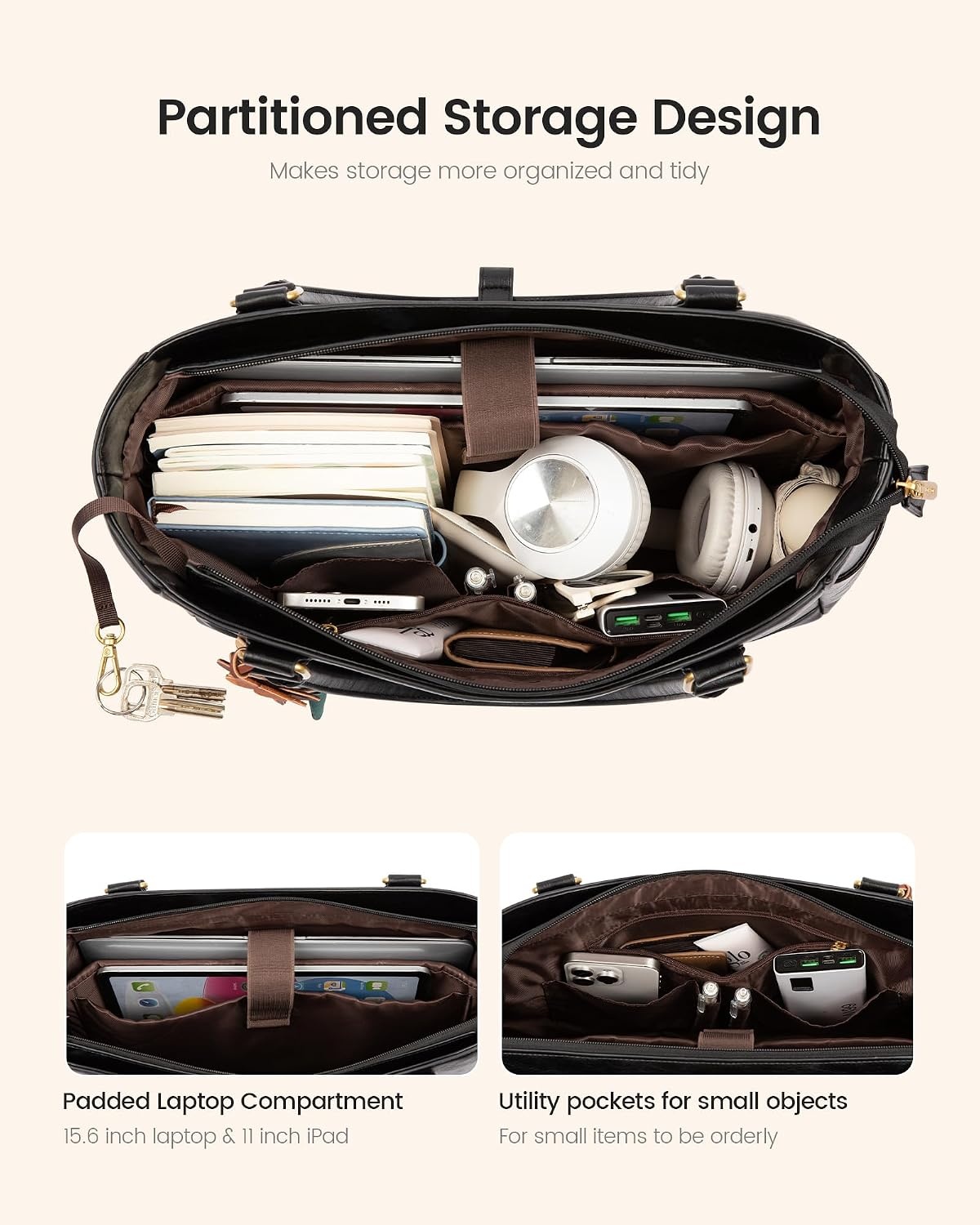 image:imageLOVEVOOK Laptop Bag for Women Vintage Work Tote Teacher Bag with Pendant  Fits 156 Inch Laptop Magnetic Front Pockets fits for Large Bottle Pockets Flower Pendant Fashion Work PurseBlack