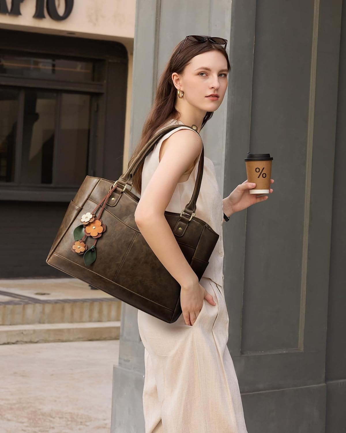 image:imageLOVEVOOK Laptop Bag for Women Vintage Work Tote Teacher Bag with Pendant  Fits 156 Inch Laptop Magnetic Front Pockets fits for Large Bottle Pockets Flower Pendant Fashion Work PurseEarth Brown