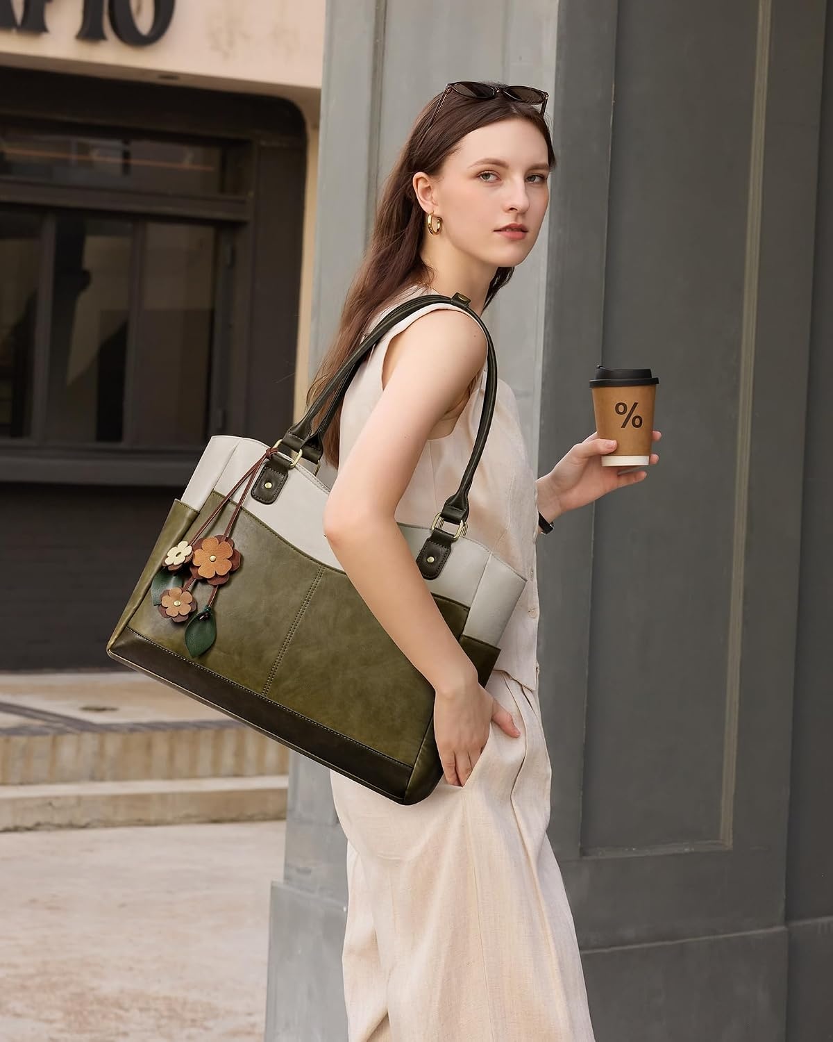 image:imageLOVEVOOK Laptop Bag for Women Vintage Work Tote Teacher Bag with Pendant  Fits 156 Inch Laptop Magnetic Front Pockets fits for Large Bottle Pockets Flower Pendant Fashion Work PurseGreenbeigedark Green