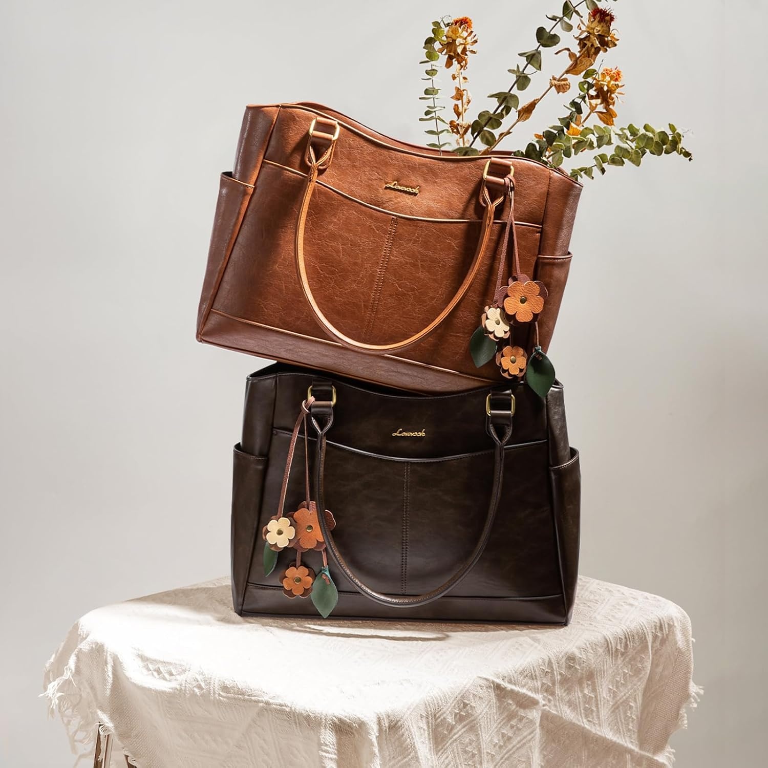 image:imageLOVEVOOK Laptop Bag for Women Vintage Work Tote Teacher Bag with Pendant  Fits 156 Inch Laptop Magnetic Front Pockets fits for Large Bottle Pockets Flower Pendant Fashion Work PurseGreenbeigedark Green