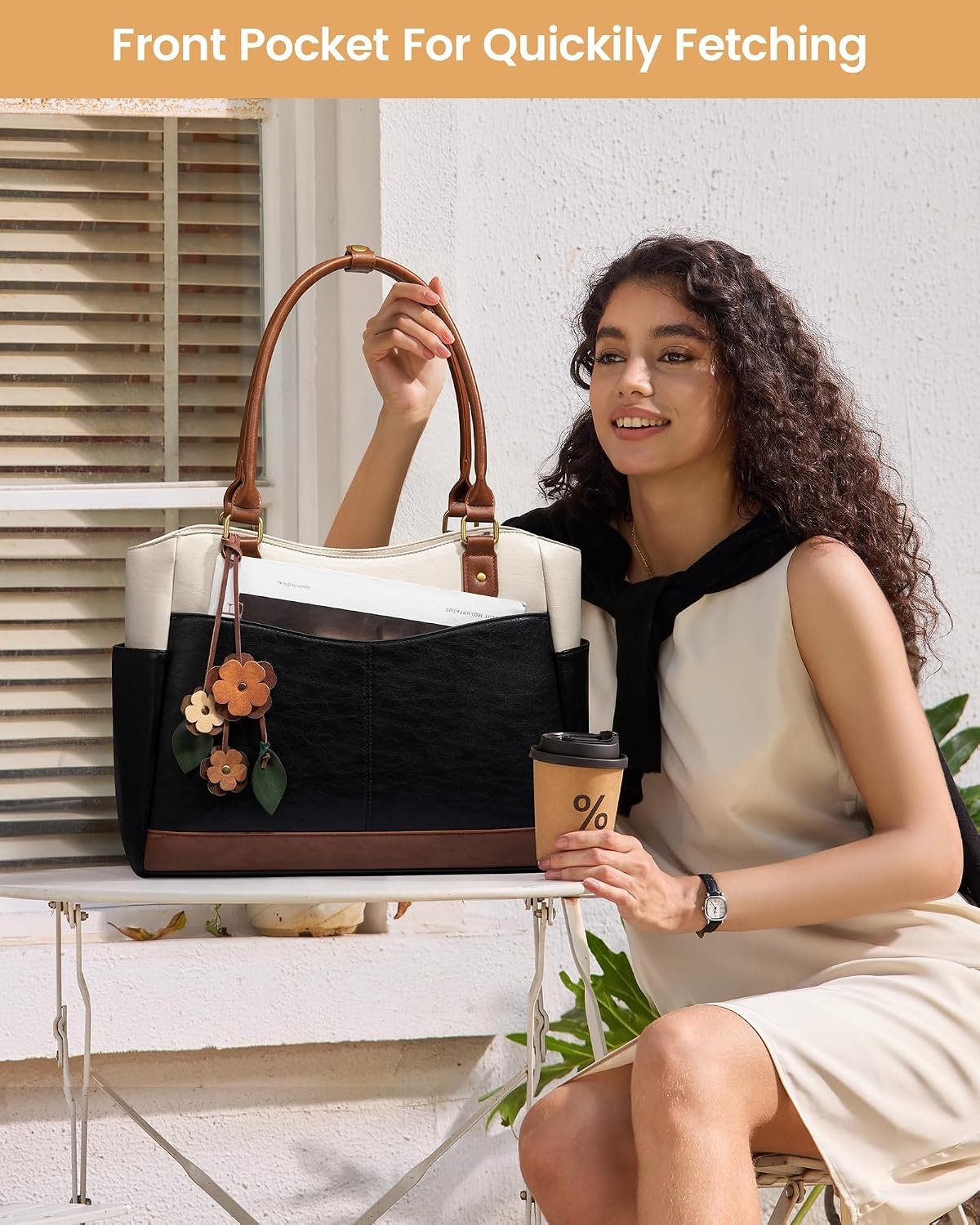image:imageLOVEVOOK Laptop Bag for Women Vintage Work Tote Teacher Bag with Pendant  Fits 156 Inch Laptop Magnetic Front Pockets fits for Large Bottle Pockets Flower Pendant Fashion Work PursePurplebeige