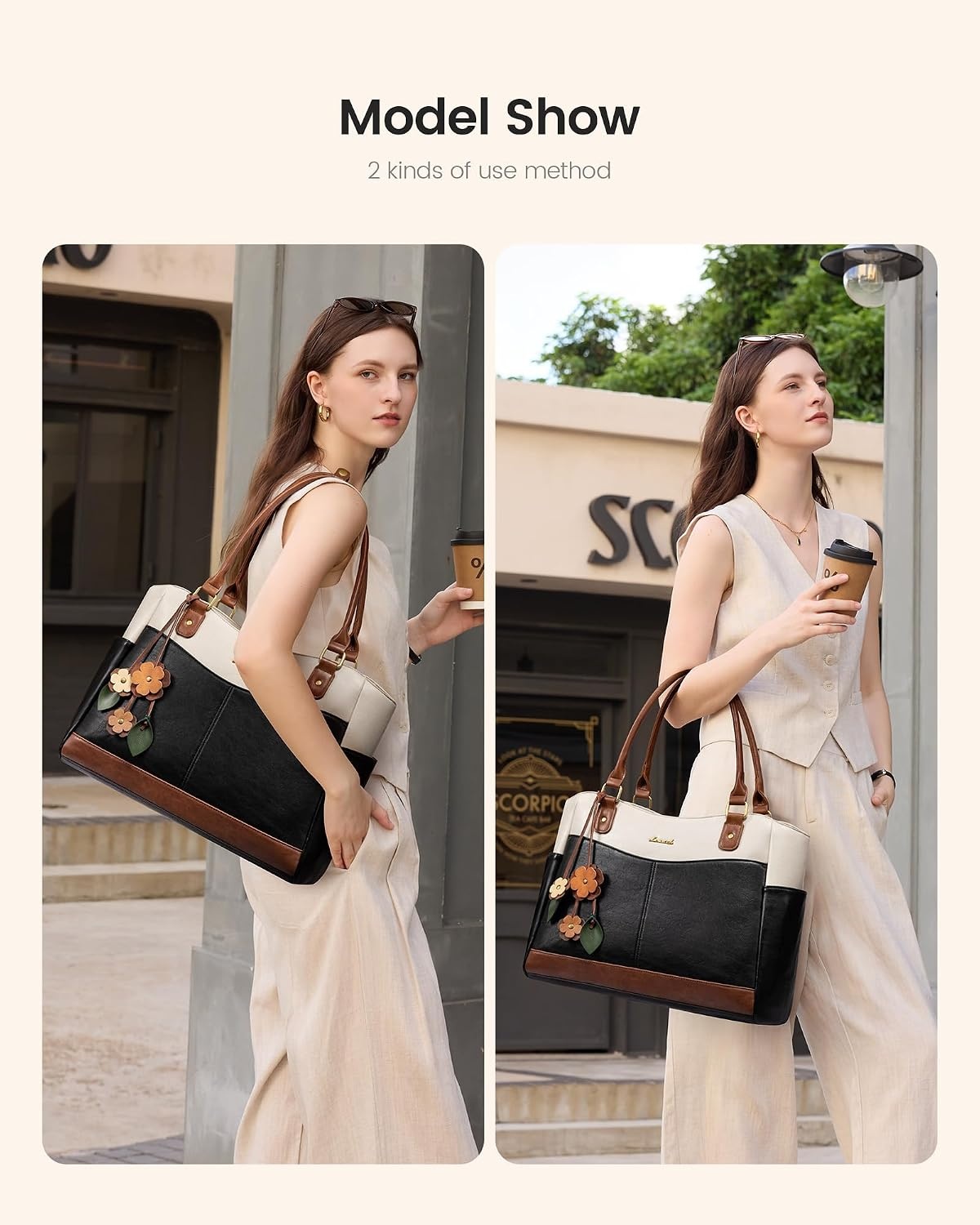 image:imageLOVEVOOK Laptop Bag for Women Vintage Work Tote Teacher Bag with Pendant  Fits 156 Inch Laptop Magnetic Front Pockets fits for Large Bottle Pockets Flower Pendant Fashion Work PurseMilk Gray