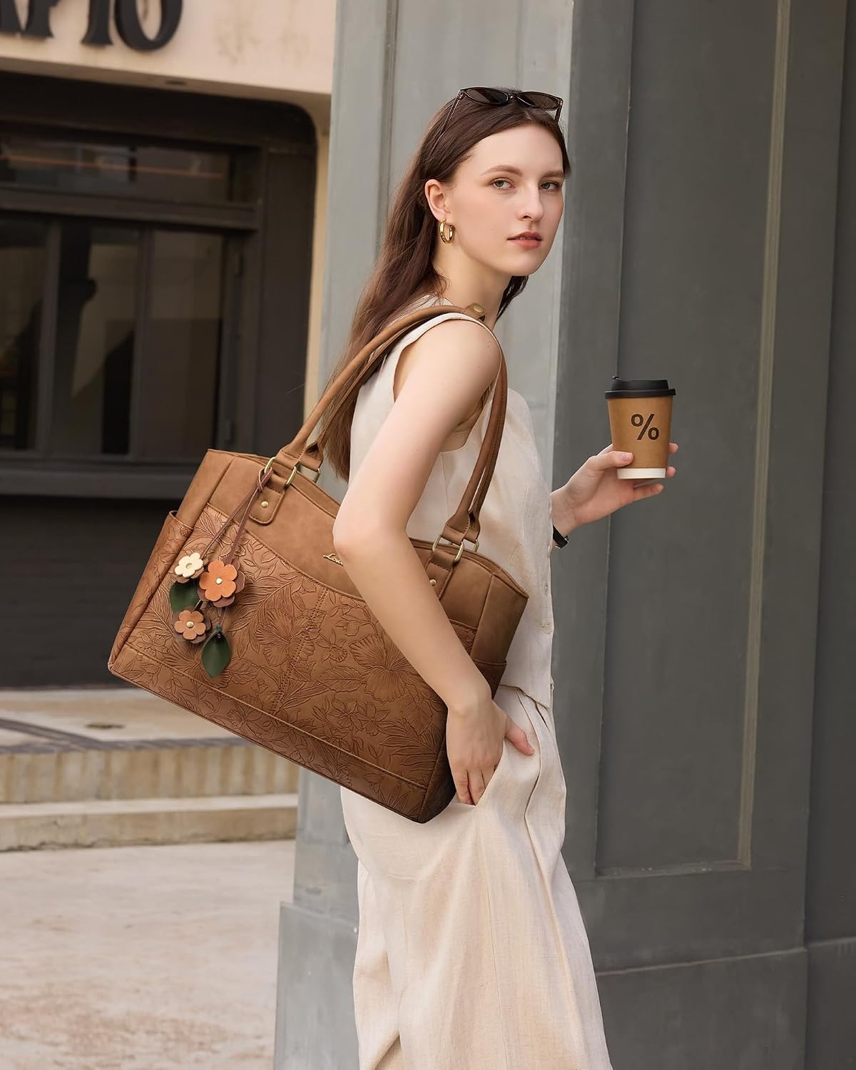 image:imageLOVEVOOK Laptop Bag for Women Vintage Work Tote Teacher Bag with Pendant  Fits 156 Inch Laptop Magnetic Front Pockets fits for Large Bottle Pockets Flower Pendant Fashion Work PurseEmbossed Brown