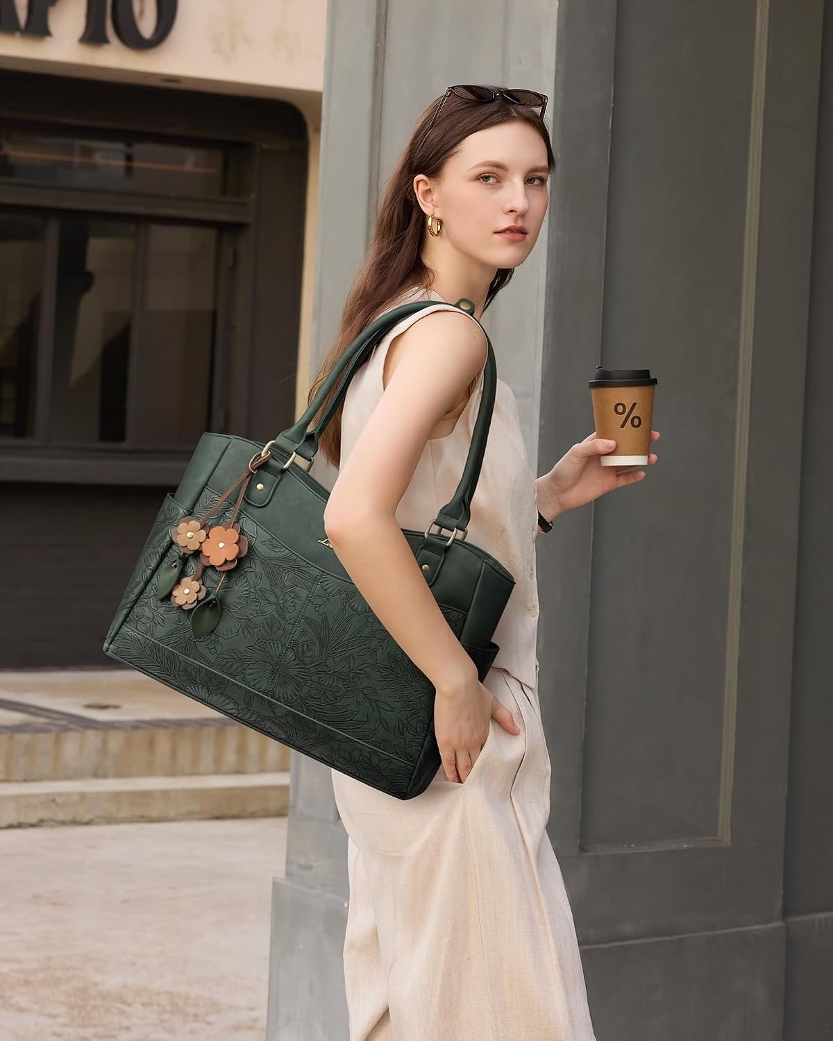 image:imageLOVEVOOK Laptop Bag for Women Vintage Work Tote Teacher Bag with Pendant  Fits 156 Inch Laptop Magnetic Front Pockets fits for Large Bottle Pockets Flower Pendant Fashion Work PurseEmbossed Green