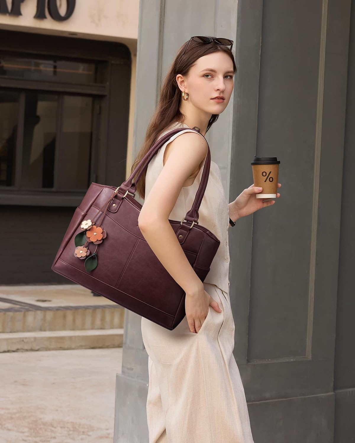 image:imageLOVEVOOK Laptop Bag for Women Vintage Work Tote Teacher Bag with Pendant  Fits 156 Inch Laptop Magnetic Front Pockets fits for Large Bottle Pockets Flower Pendant Fashion Work PurseWine Red