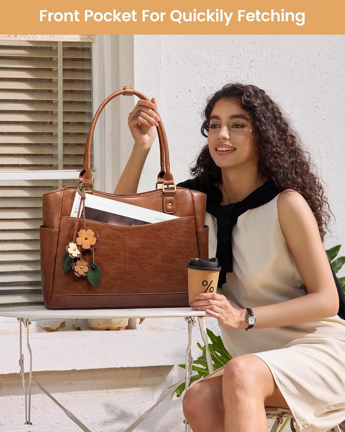 image:imageLOVEVOOK Laptop Bag for Women Vintage Work Tote Teacher Bag with Pendant  Fits 156 Inch Laptop Magnetic Front Pockets fits for Large Bottle Pockets Flower Pendant Fashion Work PurseDark Coffee