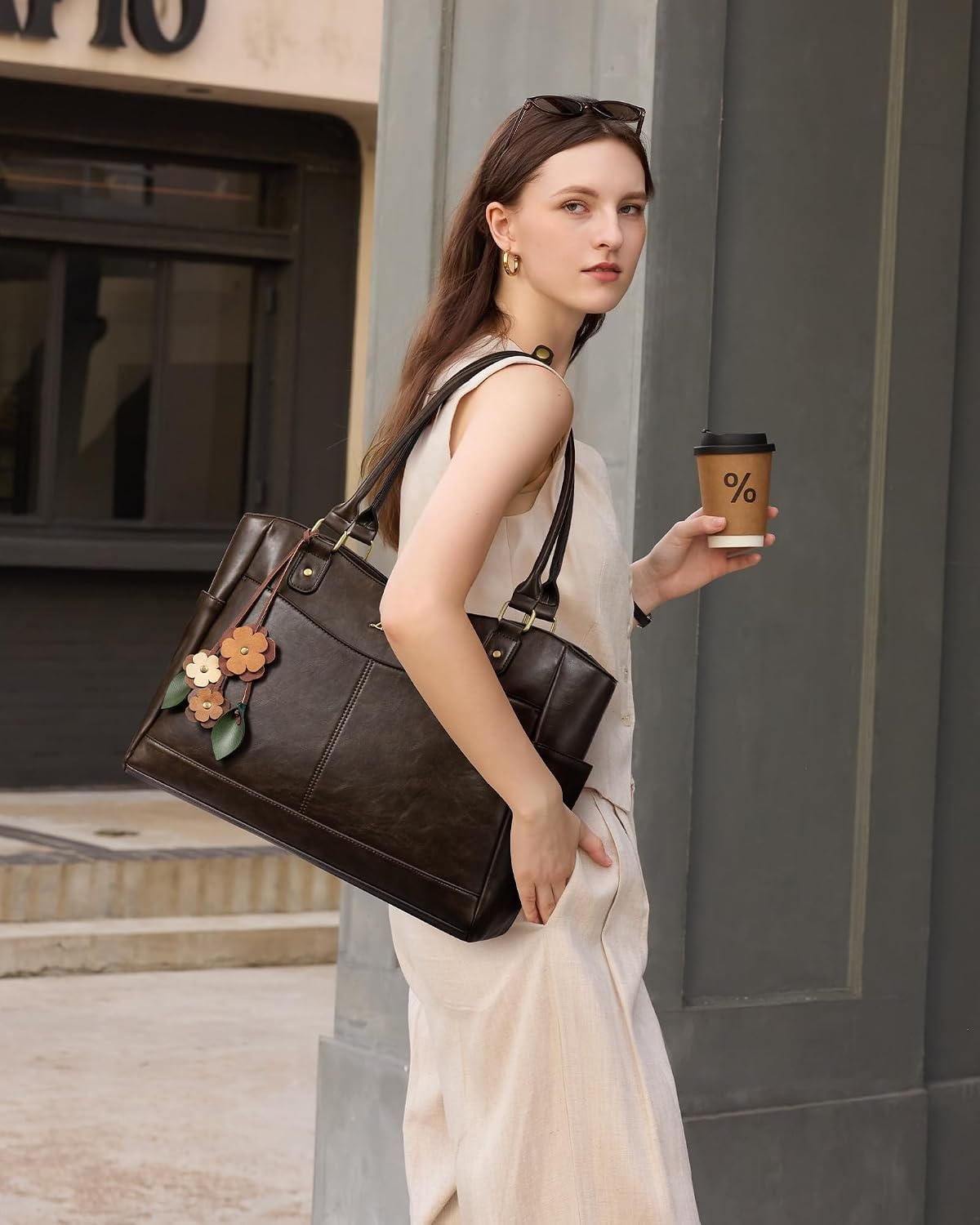 image:imageLOVEVOOK Laptop Bag for Women Vintage Work Tote Teacher Bag with Pendant  Fits 156 Inch Laptop Magnetic Front Pockets fits for Large Bottle Pockets Flower Pendant Fashion Work PurseDark Coffee