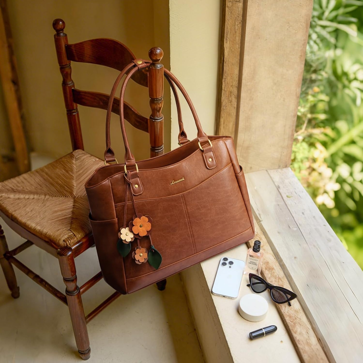 image:imageLOVEVOOK Laptop Bag for Women Vintage Work Tote Teacher Bag with Pendant  Fits 156 Inch Laptop Magnetic Front Pockets fits for Large Bottle Pockets Flower Pendant Fashion Work PurseDark Coffee