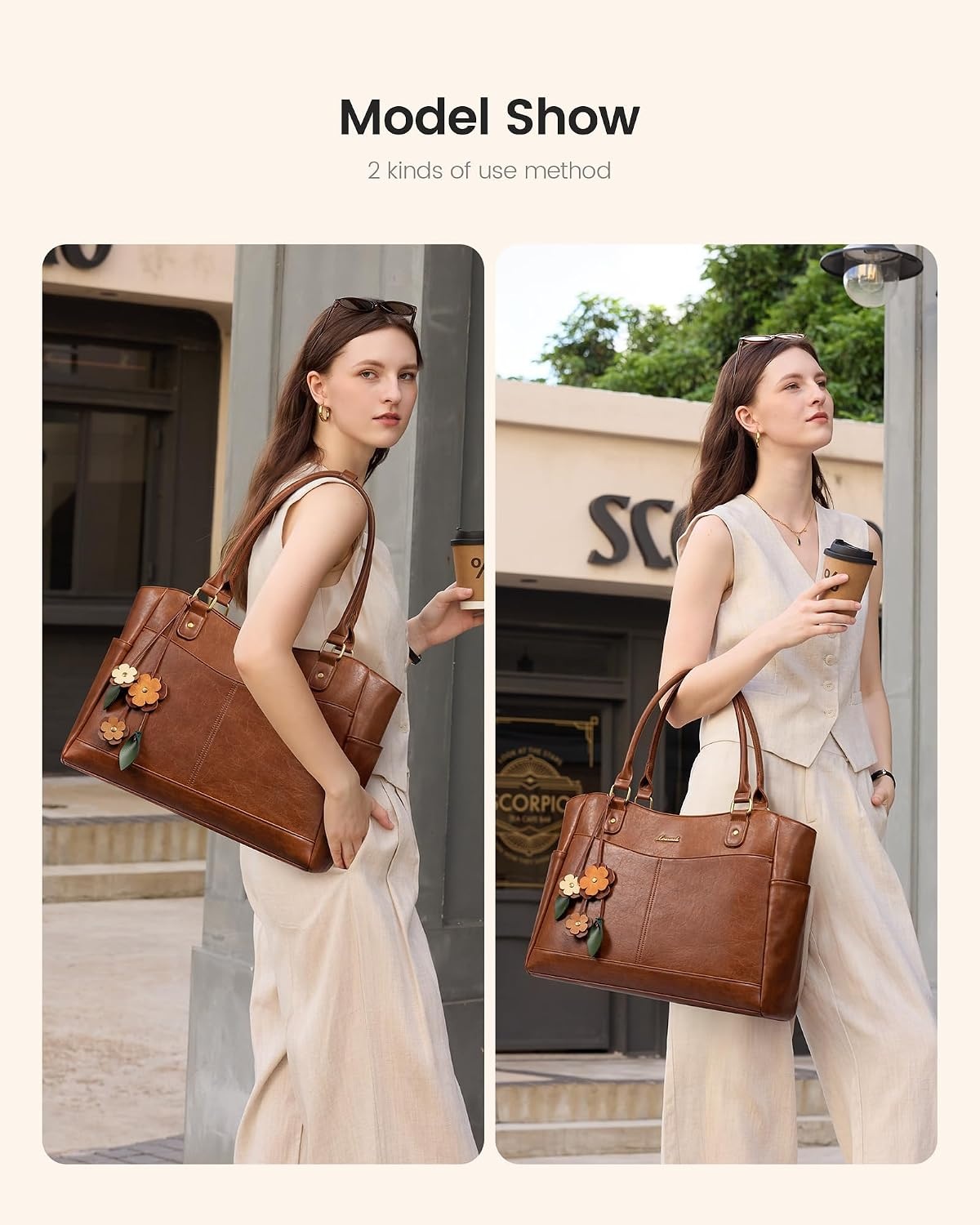 image:imageLOVEVOOK Laptop Bag for Women Vintage Work Tote Teacher Bag with Pendant  Fits 156 Inch Laptop Magnetic Front Pockets fits for Large Bottle Pockets Flower Pendant Fashion Work PurseBrown