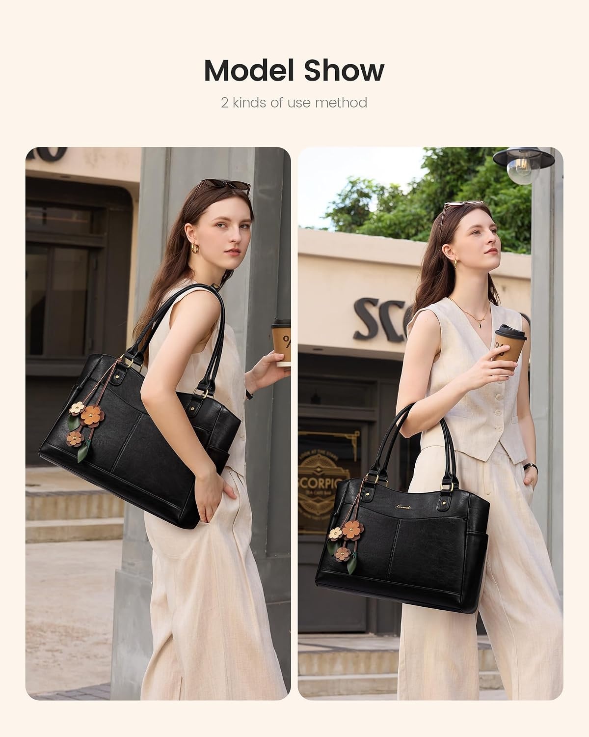 image:imageLOVEVOOK Laptop Bag for Women Vintage Work Tote Teacher Bag with Pendant  Fits 156 Inch Laptop Magnetic Front Pockets fits for Large Bottle Pockets Flower Pendant Fashion Work PurseBlack