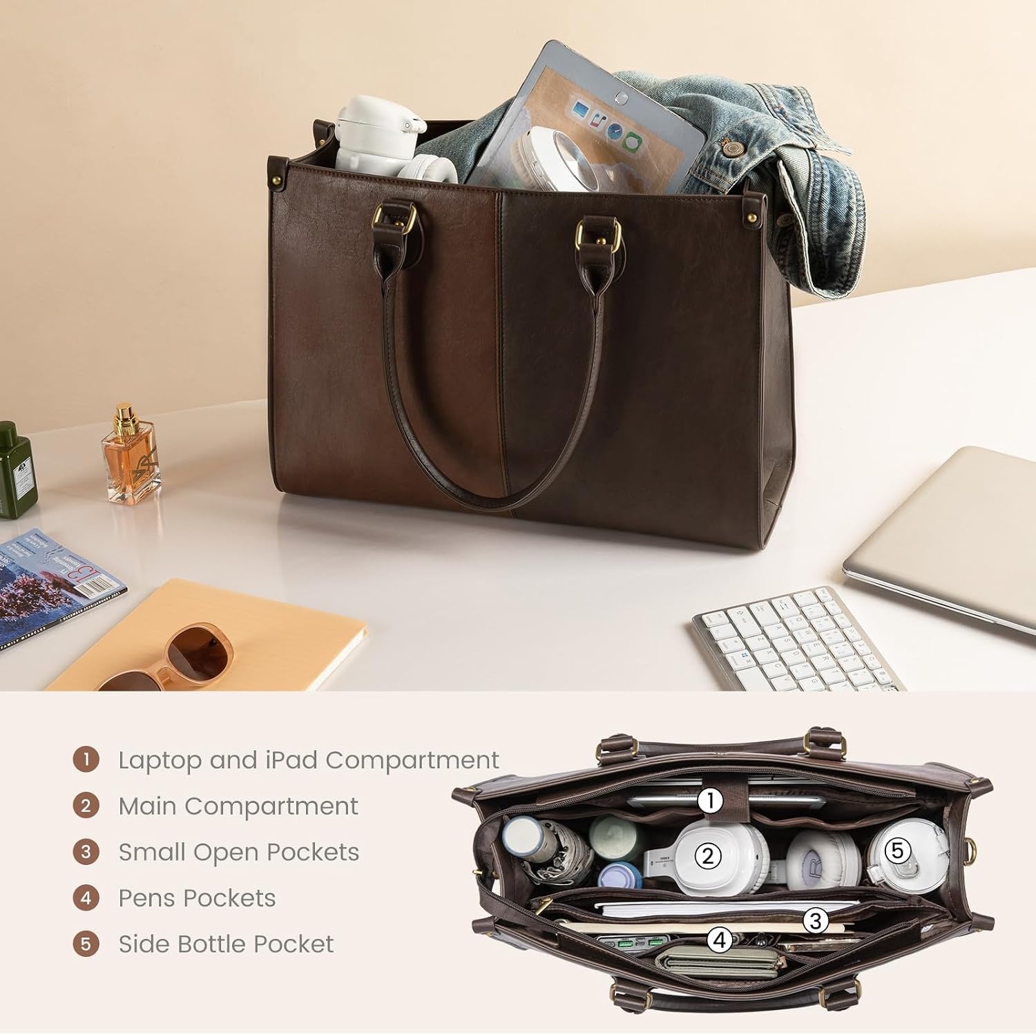 image:imageLOVEVOOK Laptop Tote Bag for Women 156 Inch Professional Work Bag with Matching Clutch Waterproof Vintage Leather Computer Tote for Office Business Travel amp Daily Use Gift for WomenBrown  Coffee