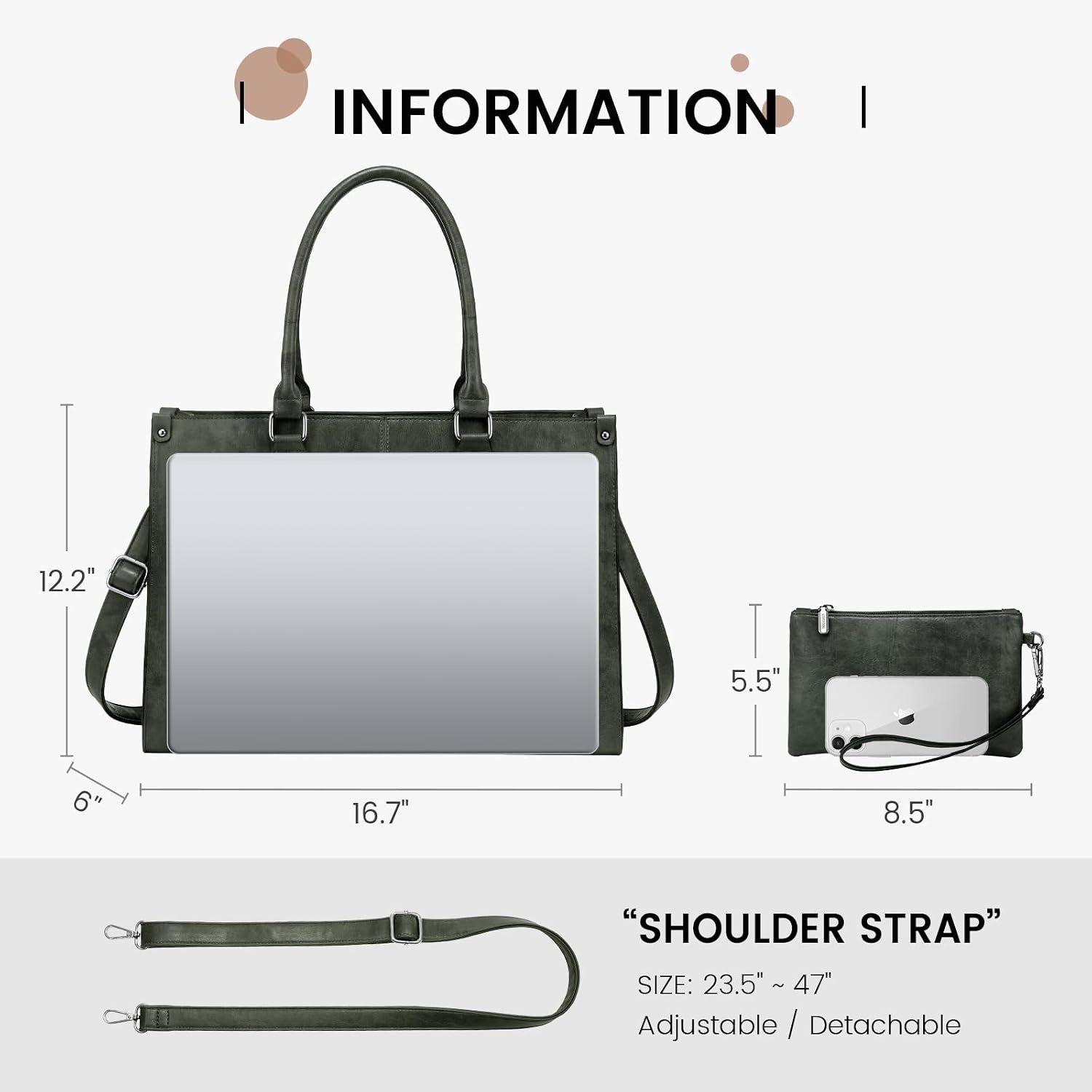 image:imageLOVEVOOK Laptop Tote Bag for Women 156 Inch Professional Work Bag with Matching Clutch Waterproof Vintage Leather Computer Tote for Office Business Travel amp Daily Use Gift for WomenDark Green