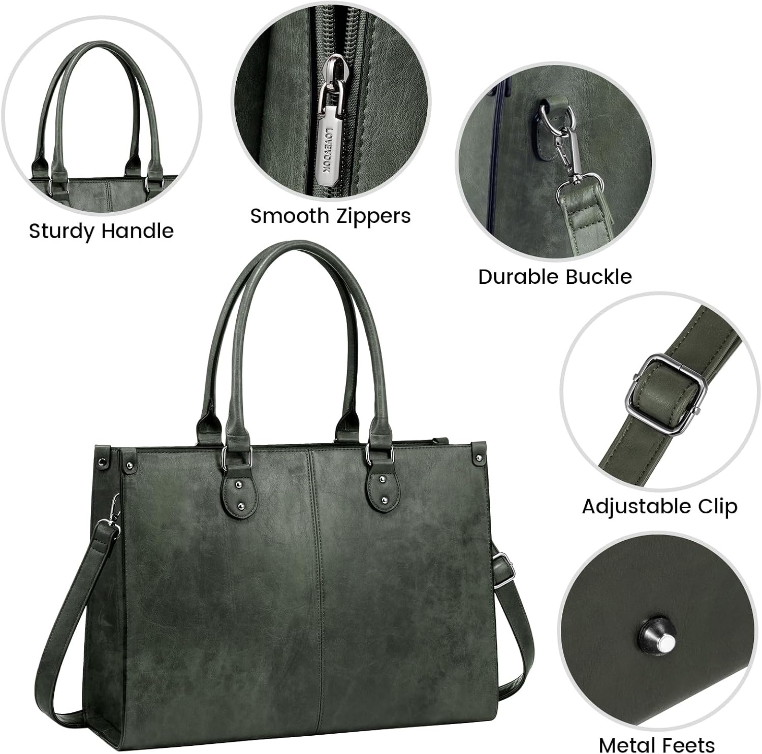 image:imageLOVEVOOK Laptop Tote Bag for Women 156 Inch Professional Work Bag with Matching Clutch Waterproof Vintage Leather Computer Tote for Office Business Travel amp Daily Use Gift for WomenDark Green