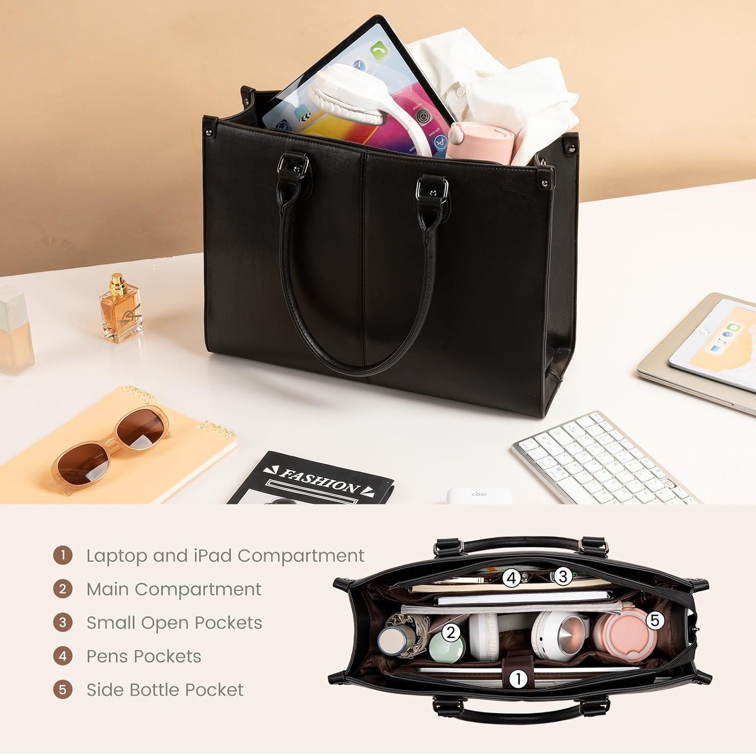 image:imageLOVEVOOK Laptop Tote Bag for Women 156 Inch Professional Work Bag with Matching Clutch Waterproof Vintage Leather Computer Tote for Office Business Travel amp Daily Use Gift for WomenBlack