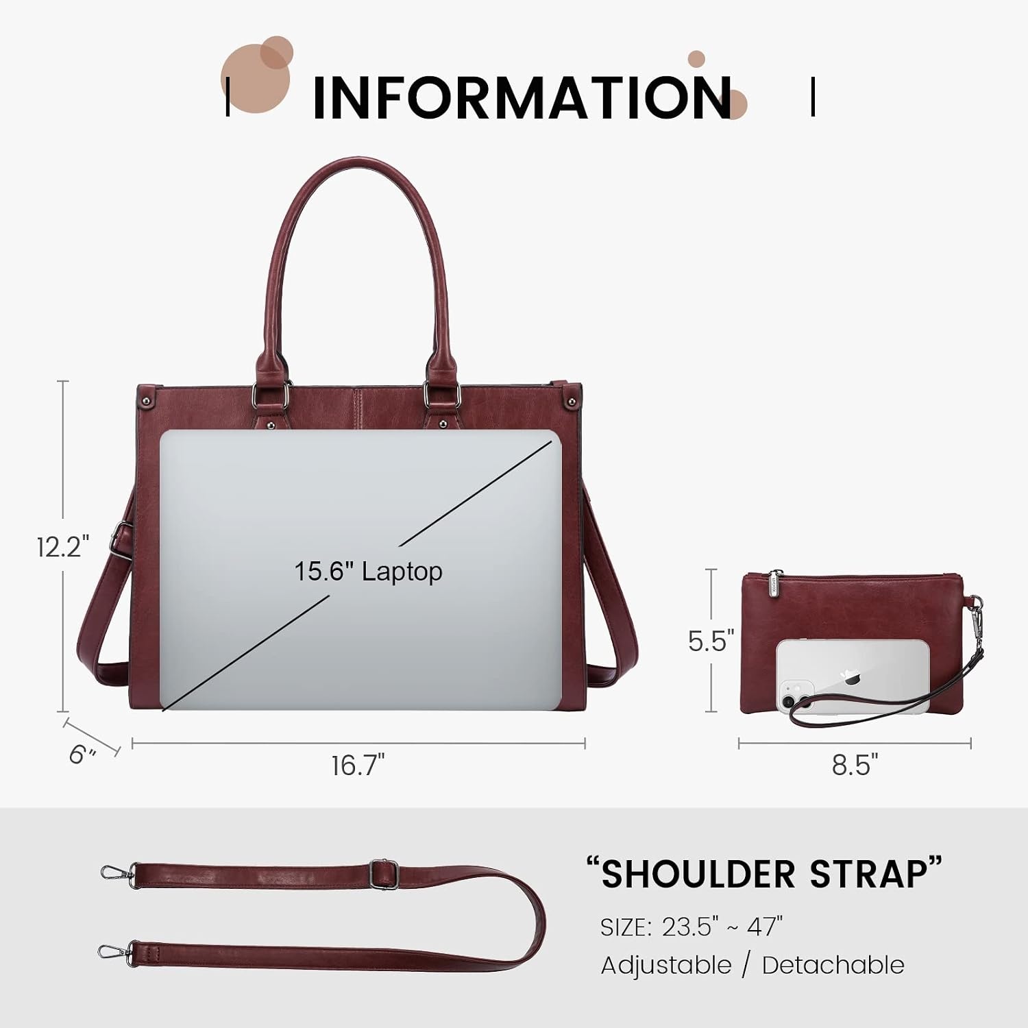 image:imageLOVEVOOK Laptop Tote Bag for Women 156 Inch Professional Work Bag with Matching Clutch Waterproof Vintage Leather Computer Tote for Office Business Travel amp Daily Use Gift for WomenWine Red