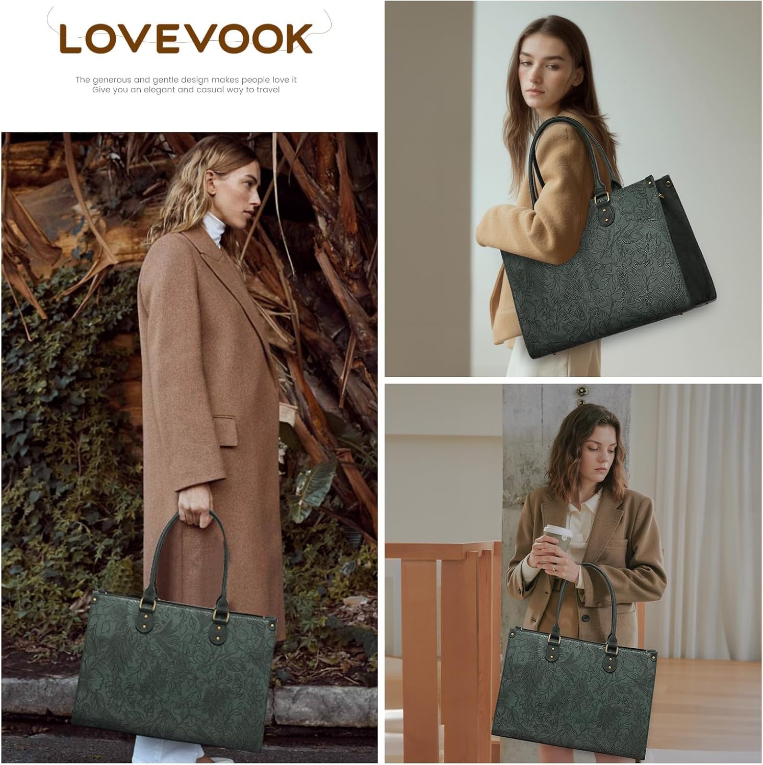 image:imageLOVEVOOK Laptop Tote Bag for Women 156 Inch Professional Work Bag with Matching Clutch Waterproof Vintage Leather Computer Tote for Office Business Travel amp Daily Use Gift for WomenGreen Embossed