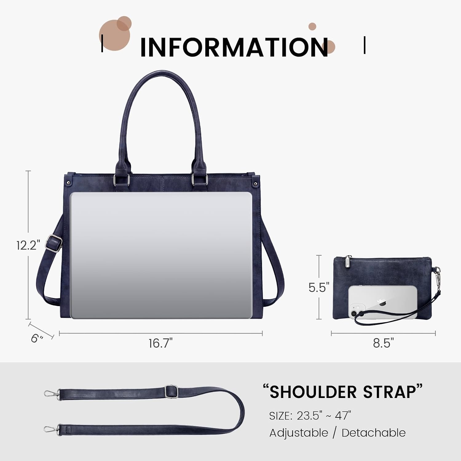 image:imageLOVEVOOK Laptop Tote Bag for Women 156 Inch Professional Work Bag with Matching Clutch Waterproof Vintage Leather Computer Tote for Office Business Travel amp Daily Use Gift for WomenIndigo Ink