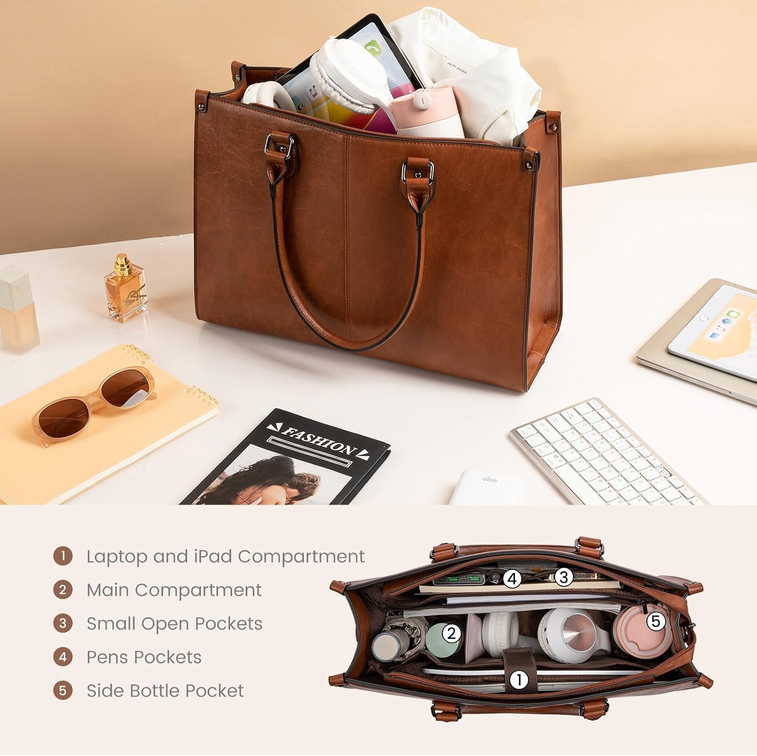image:imageLOVEVOOK Laptop Tote Bag for Women 156 Inch Professional Work Bag with Matching Clutch Waterproof Vintage Leather Computer Tote for Office Business Travel amp Daily Use Gift for WomenDark Brown