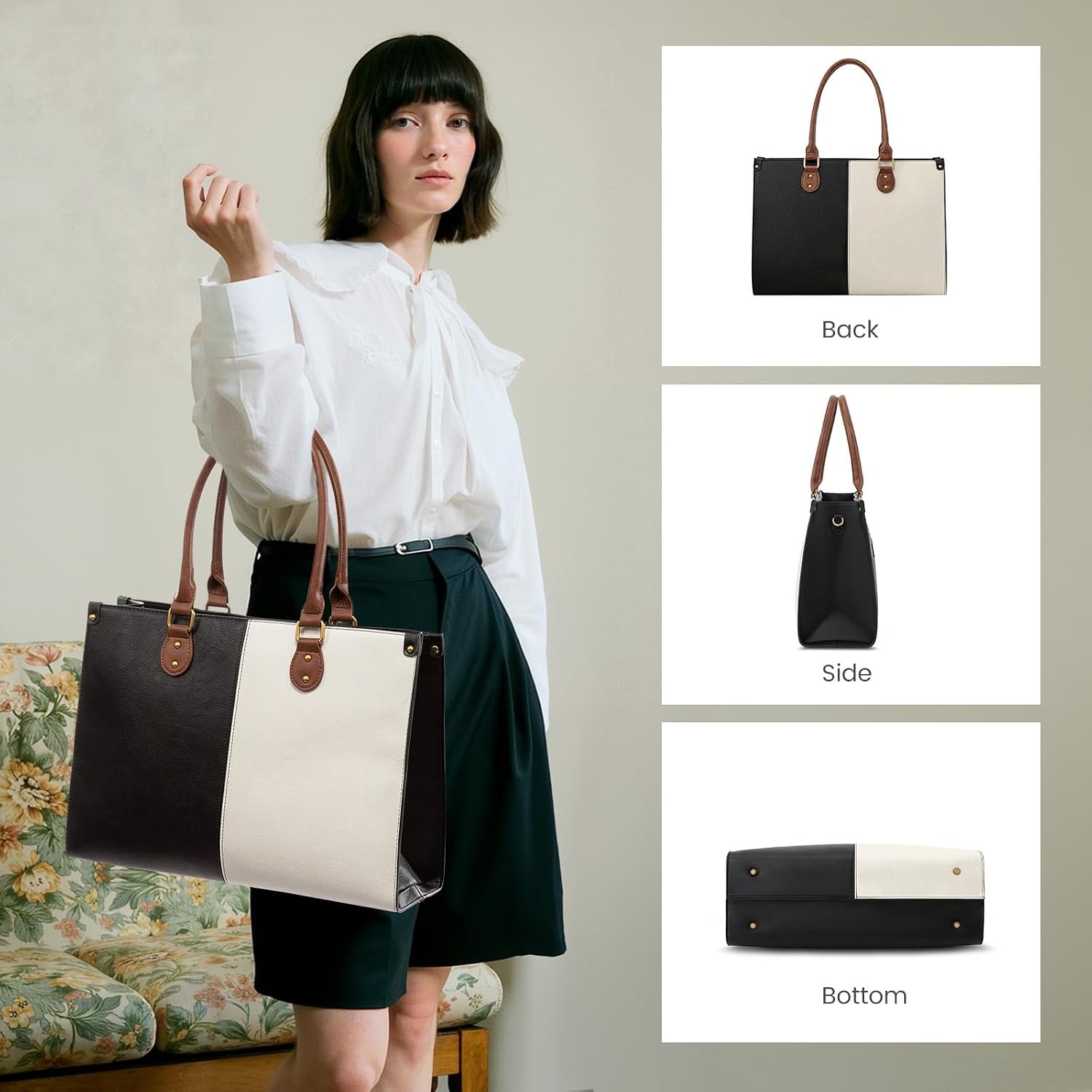 image:imageLOVEVOOK Laptop Tote Bag for Women 156 Inch Professional Work Bag with Matching Clutch Waterproof Vintage Leather Computer Tote for Office Business Travel amp Daily Use Gift for WomenBlack  White  Brown