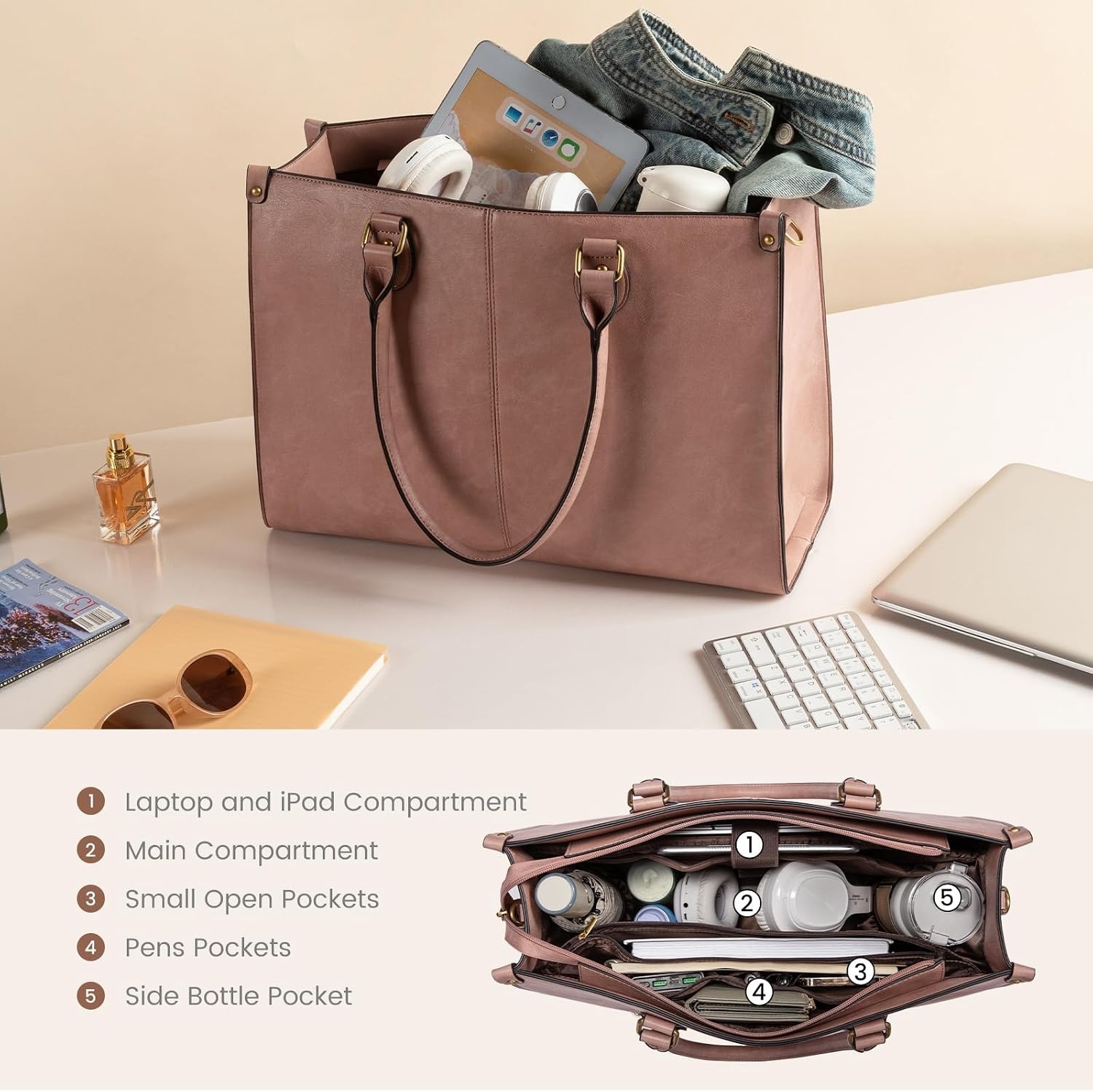 image:imageLOVEVOOK Laptop Tote Bag for Women 156 Inch Professional Work Bag with Matching Clutch Waterproof Vintage Leather Computer Tote for Office Business Travel amp Daily Use Gift for WomenLotus Pink