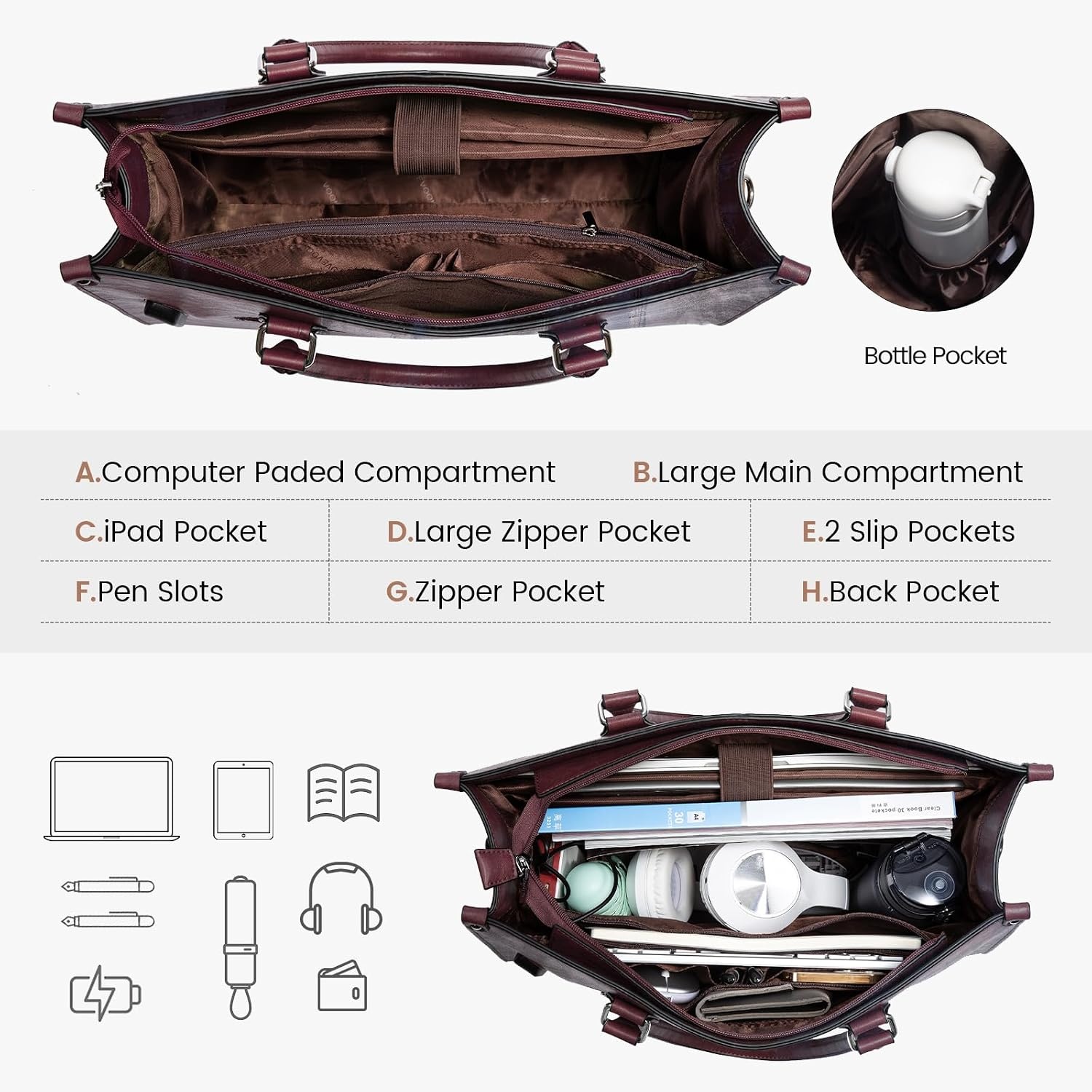image:imageLOVEVOOK Laptop Tote Bag for Women 156 Inch Professional Work Bag with Matching Clutch Waterproof Vintage Leather Computer Tote for Office Business Travel amp Daily Use Gift for WomenFuchsia