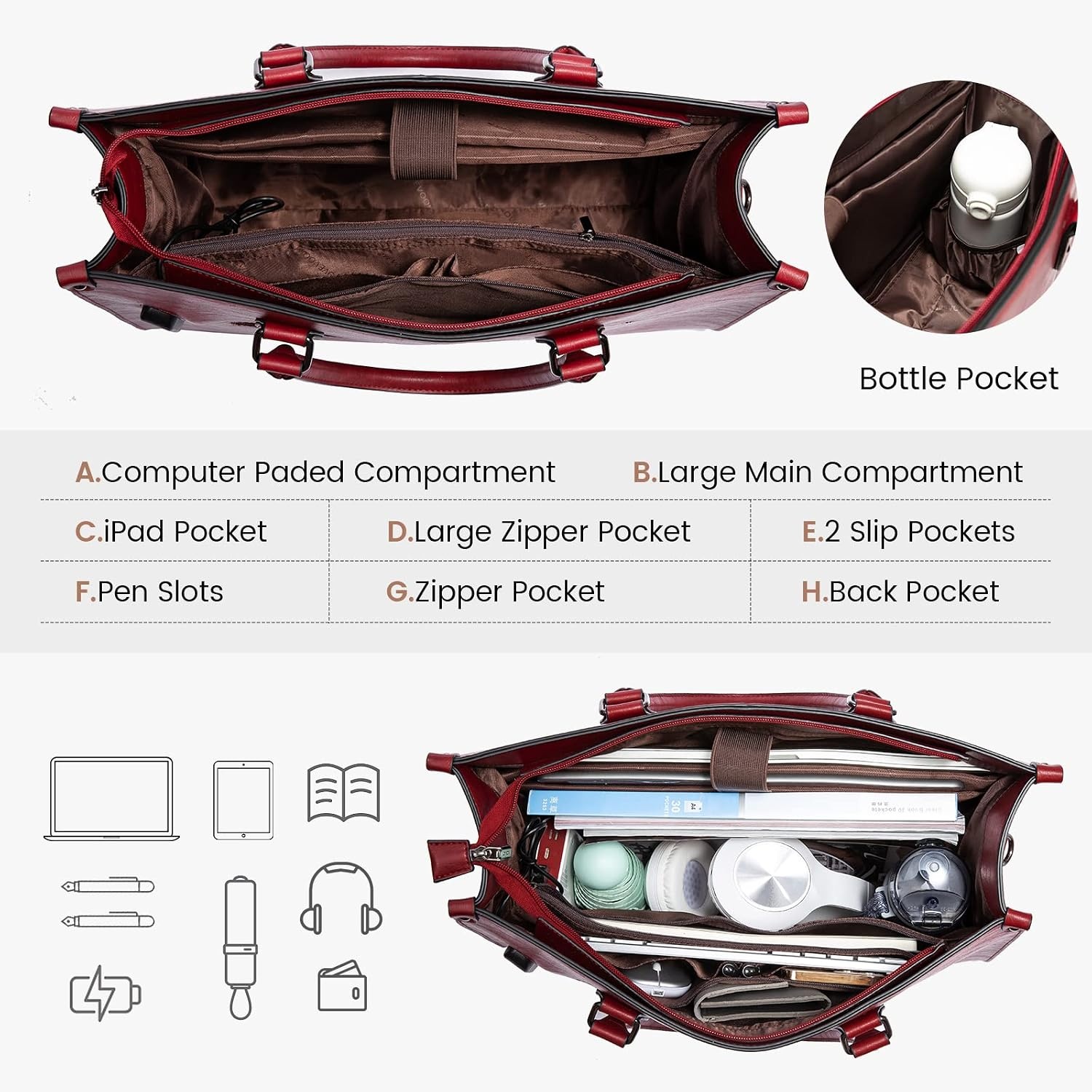image:imageLOVEVOOK Laptop Tote Bag for Women 156 Inch Professional Work Bag with Matching Clutch Waterproof Vintage Leather Computer Tote for Office Business Travel amp Daily Use Gift for WomenDark Red