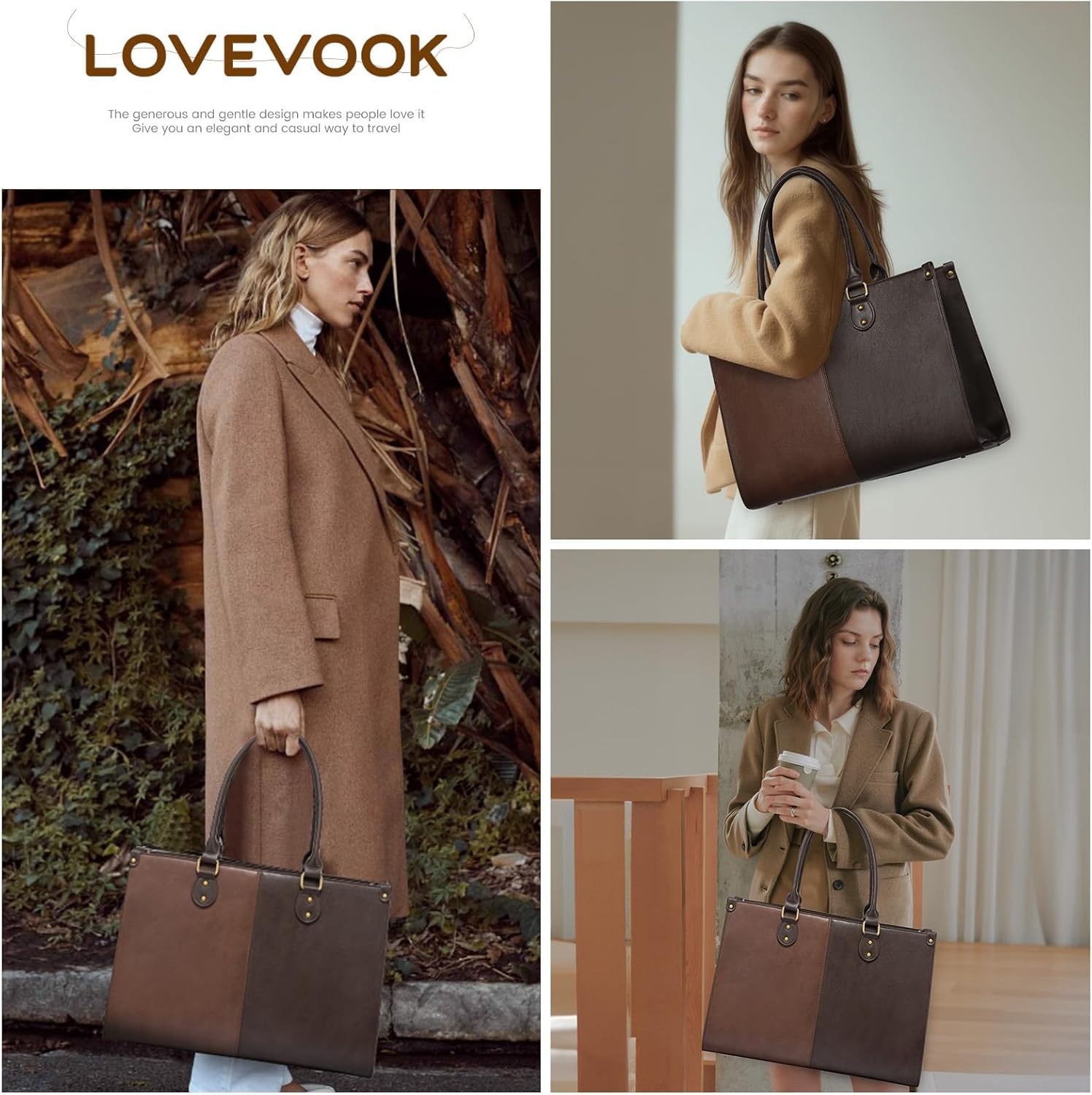 image:imageLOVEVOOK Laptop Tote Bag for Women 156 Inch Professional Work Bag with Matching Clutch Waterproof Vintage Leather Computer Tote for Office Business Travel amp Daily Use Gift for WomenBrown  Coffee