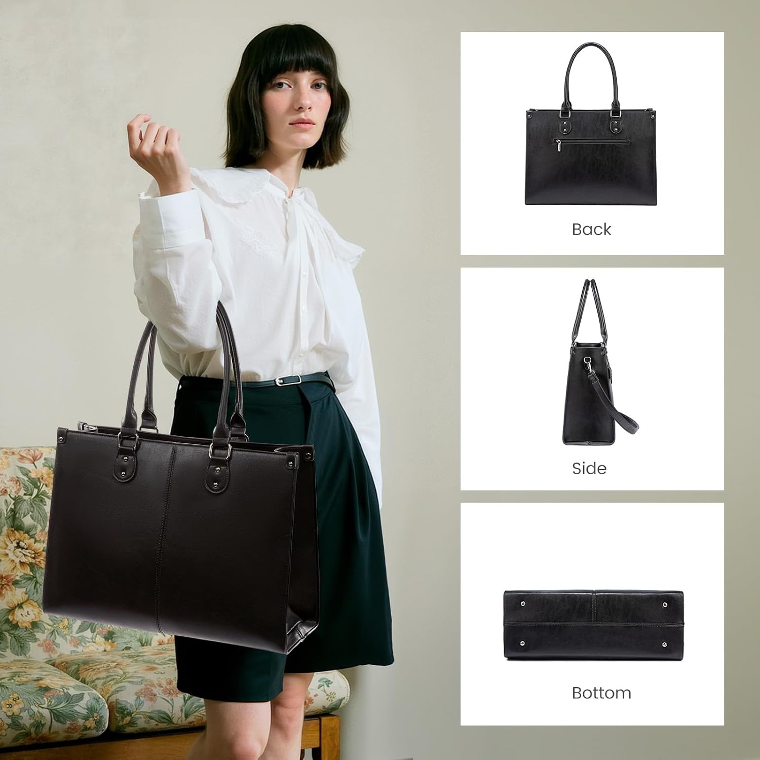 image:imageLOVEVOOK Laptop Tote Bag for Women 156 Inch Professional Work Bag with Matching Clutch Waterproof Vintage Leather Computer Tote for Office Business Travel amp Daily Use Gift for WomenBlack