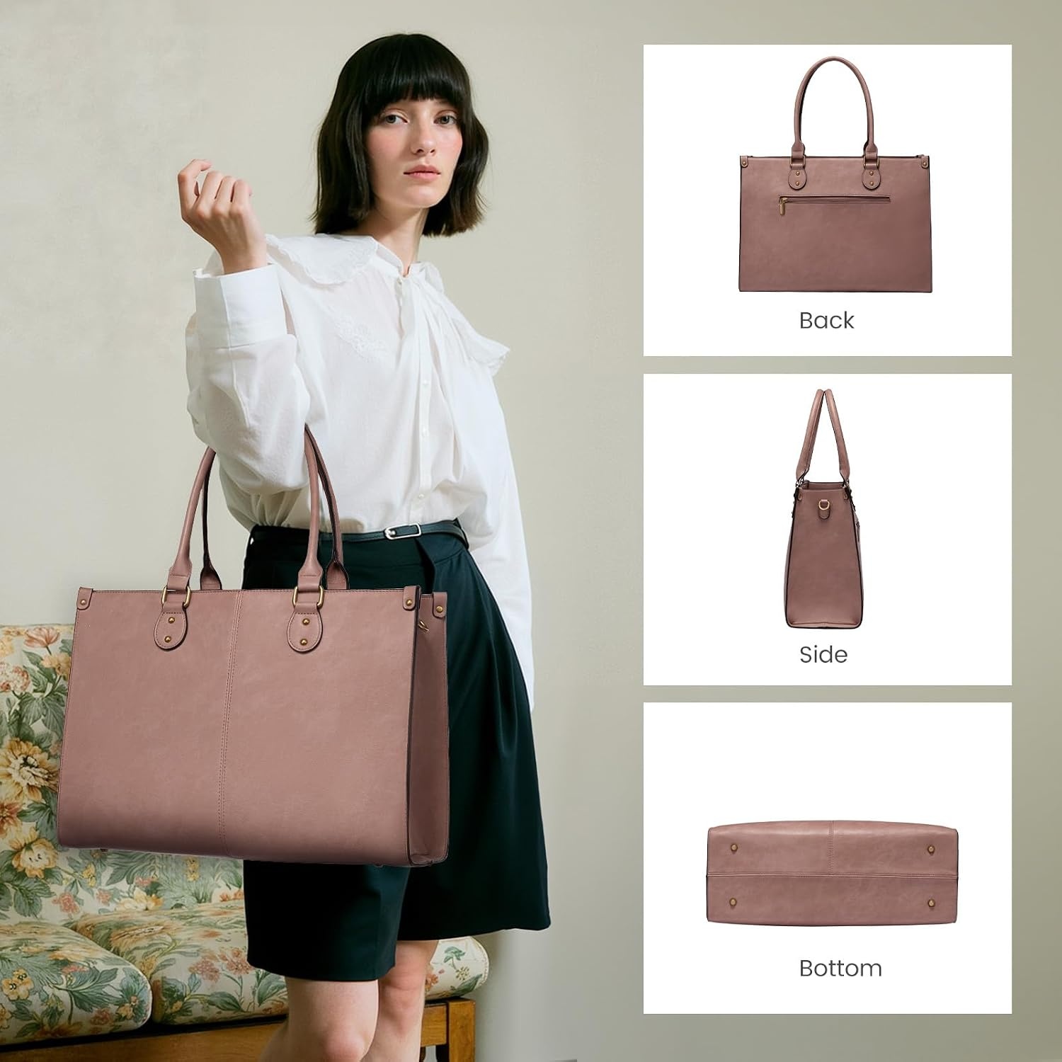 image:imageLOVEVOOK Laptop Tote Bag for Women 156 Inch Professional Work Bag with Matching Clutch Waterproof Vintage Leather Computer Tote for Office Business Travel amp Daily Use Gift for WomenLotus Pink