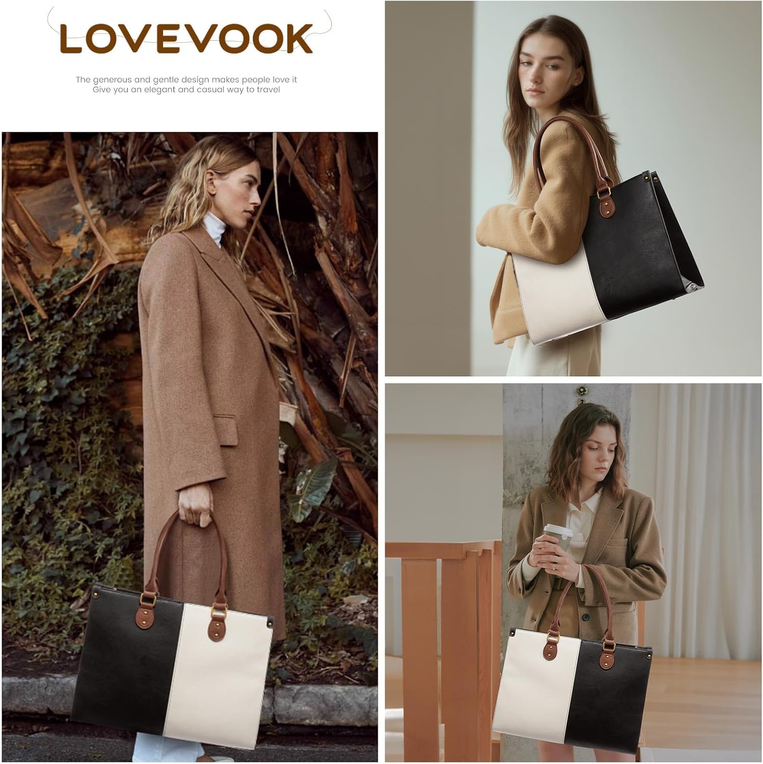 image:imageLOVEVOOK Laptop Tote Bag for Women 156 Inch Professional Work Bag with Matching Clutch Waterproof Vintage Leather Computer Tote for Office Business Travel amp Daily Use Gift for WomenBlack  White  Brown