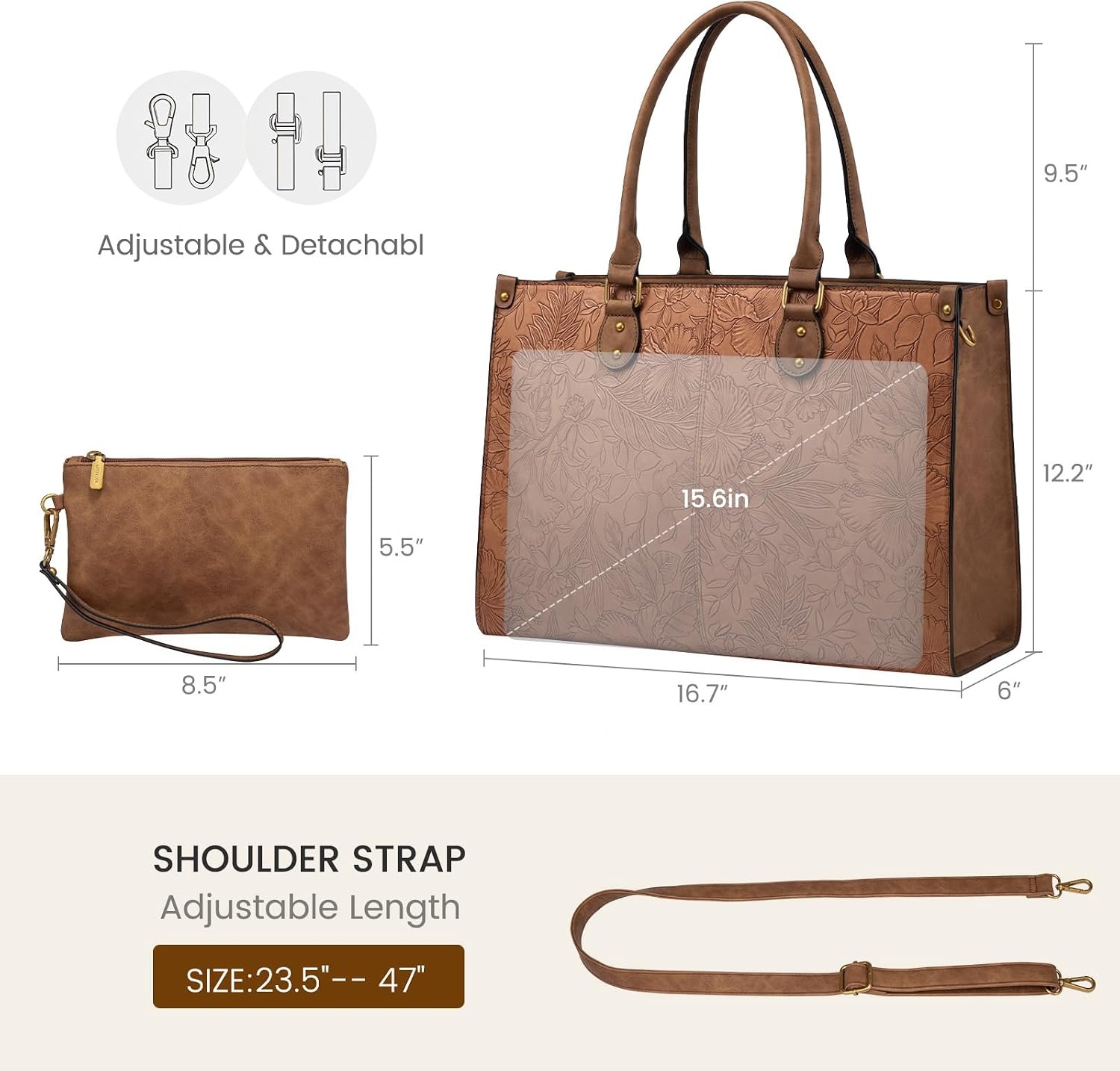 image:imageLOVEVOOK Laptop Tote Bag for Women 156 Inch Professional Work Bag with Matching Clutch Waterproof Vintage Leather Computer Tote for Office Business Travel amp Daily Use Gift for WomenBrown Embossed