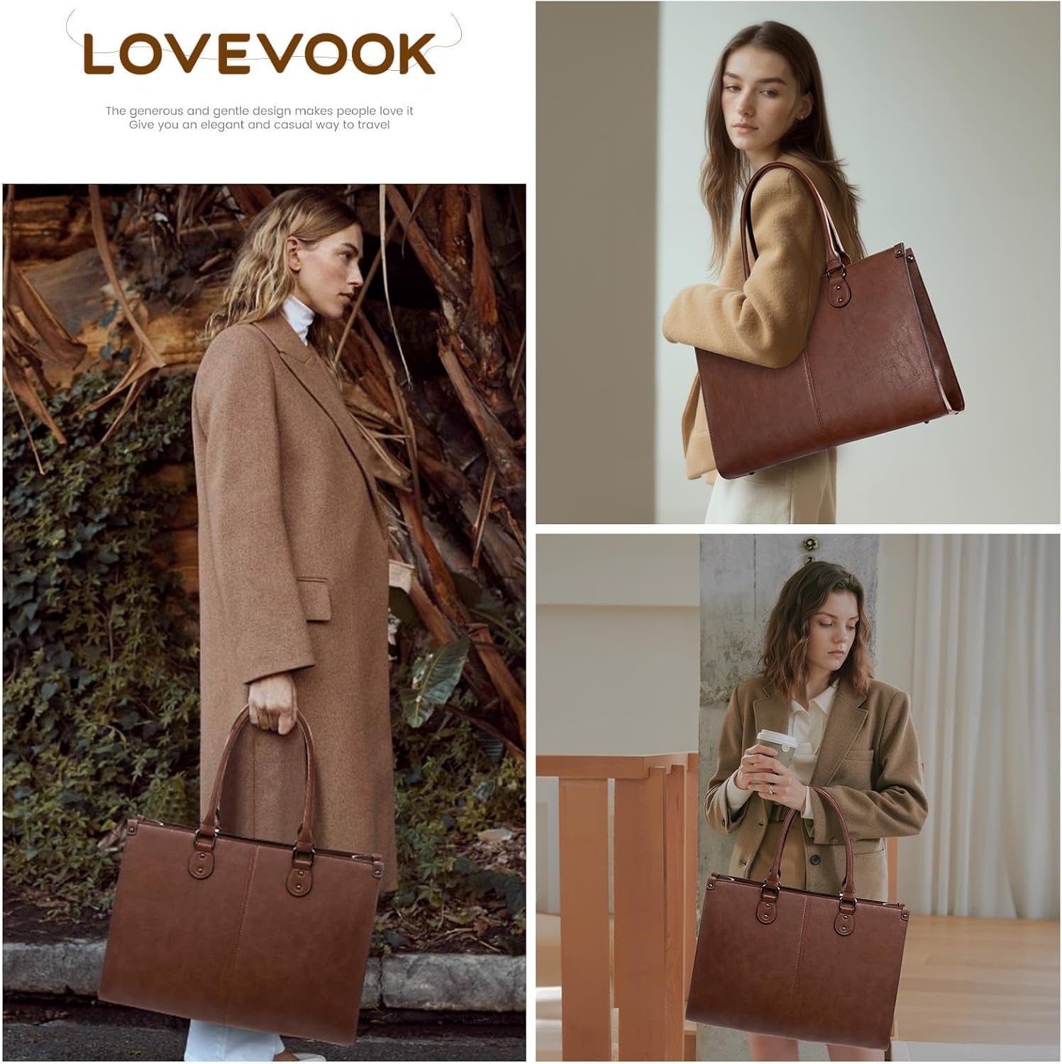 image:imageLOVEVOOK Laptop Tote Bag for Women 156 Inch Professional Work Bag with Matching Clutch Waterproof Vintage Leather Computer Tote for Office Business Travel amp Daily Use Gift for WomenChestnut Brown