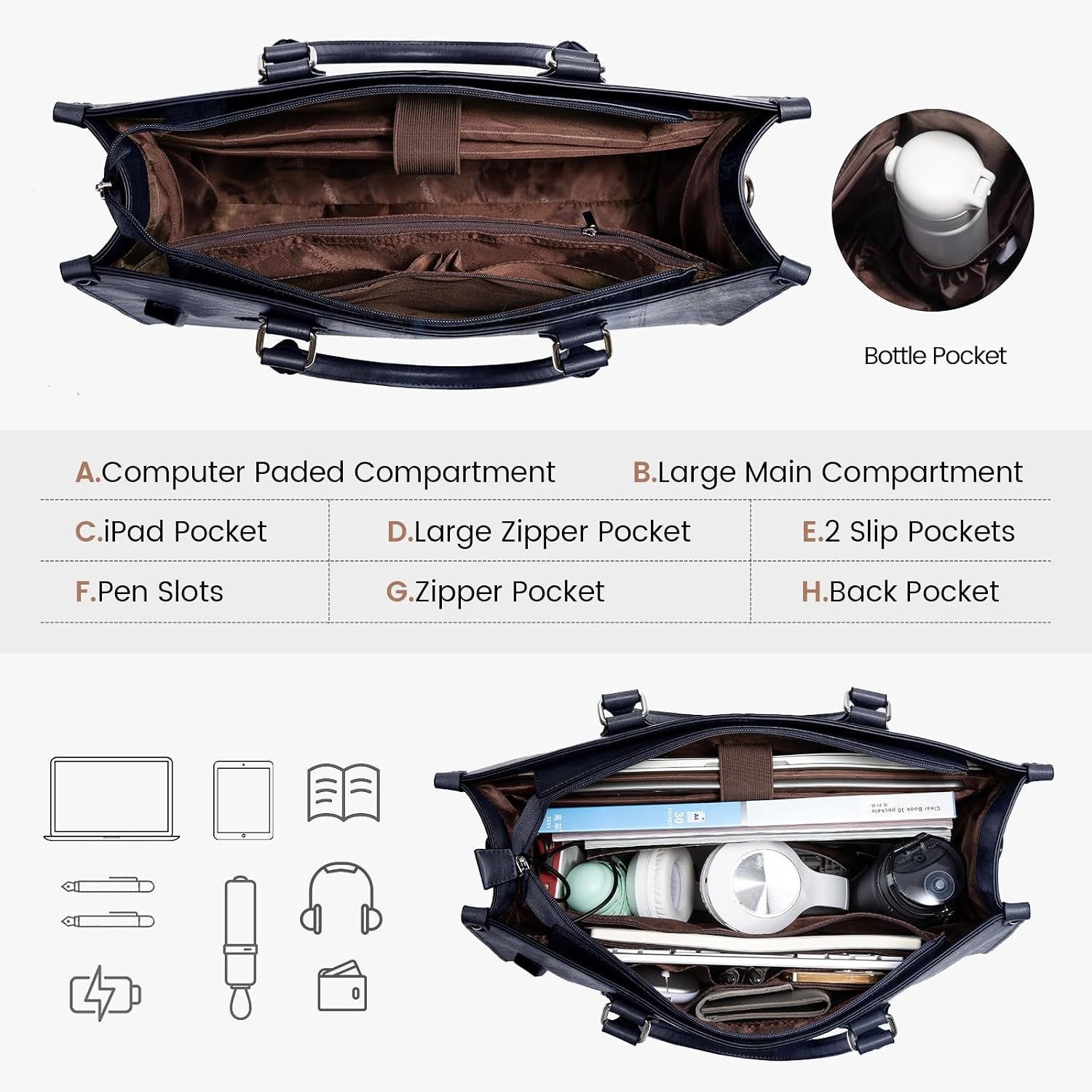 image:imageLOVEVOOK Laptop Tote Bag for Women 156 Inch Professional Work Bag with Matching Clutch Waterproof Vintage Leather Computer Tote for Office Business Travel amp Daily Use Gift for WomenIndigo Ink