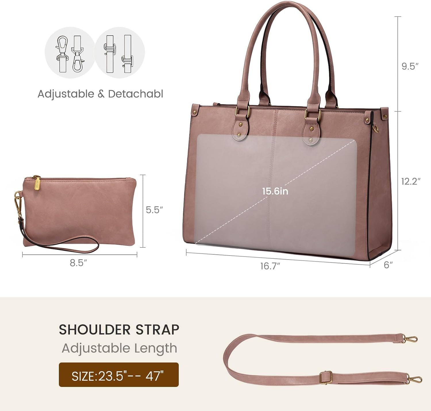 image:imageLOVEVOOK Laptop Tote Bag for Women 156 Inch Professional Work Bag with Matching Clutch Waterproof Vintage Leather Computer Tote for Office Business Travel amp Daily Use Gift for WomenLotus Pink