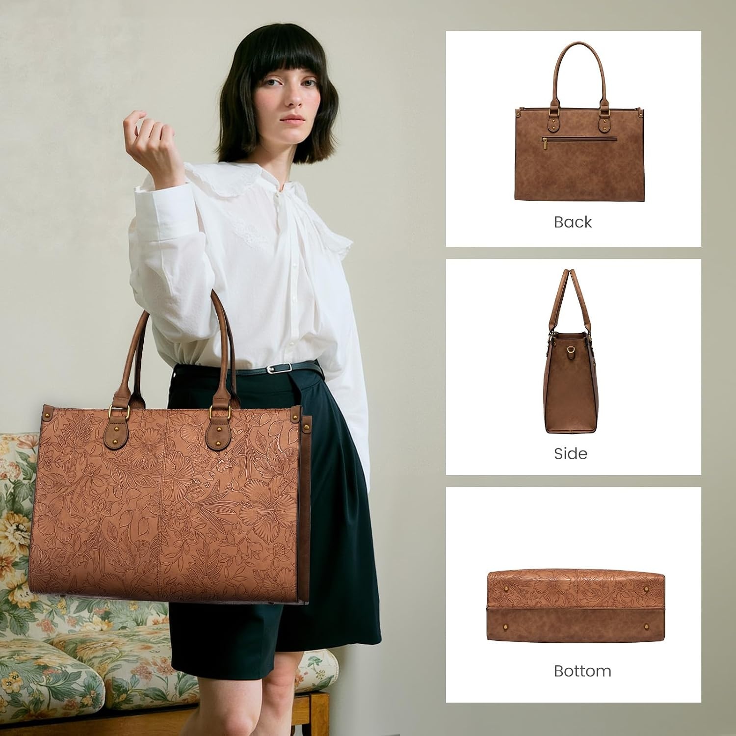 image:imageLOVEVOOK Laptop Tote Bag for Women 156 Inch Professional Work Bag with Matching Clutch Waterproof Vintage Leather Computer Tote for Office Business Travel amp Daily Use Gift for WomenBrown Embossed