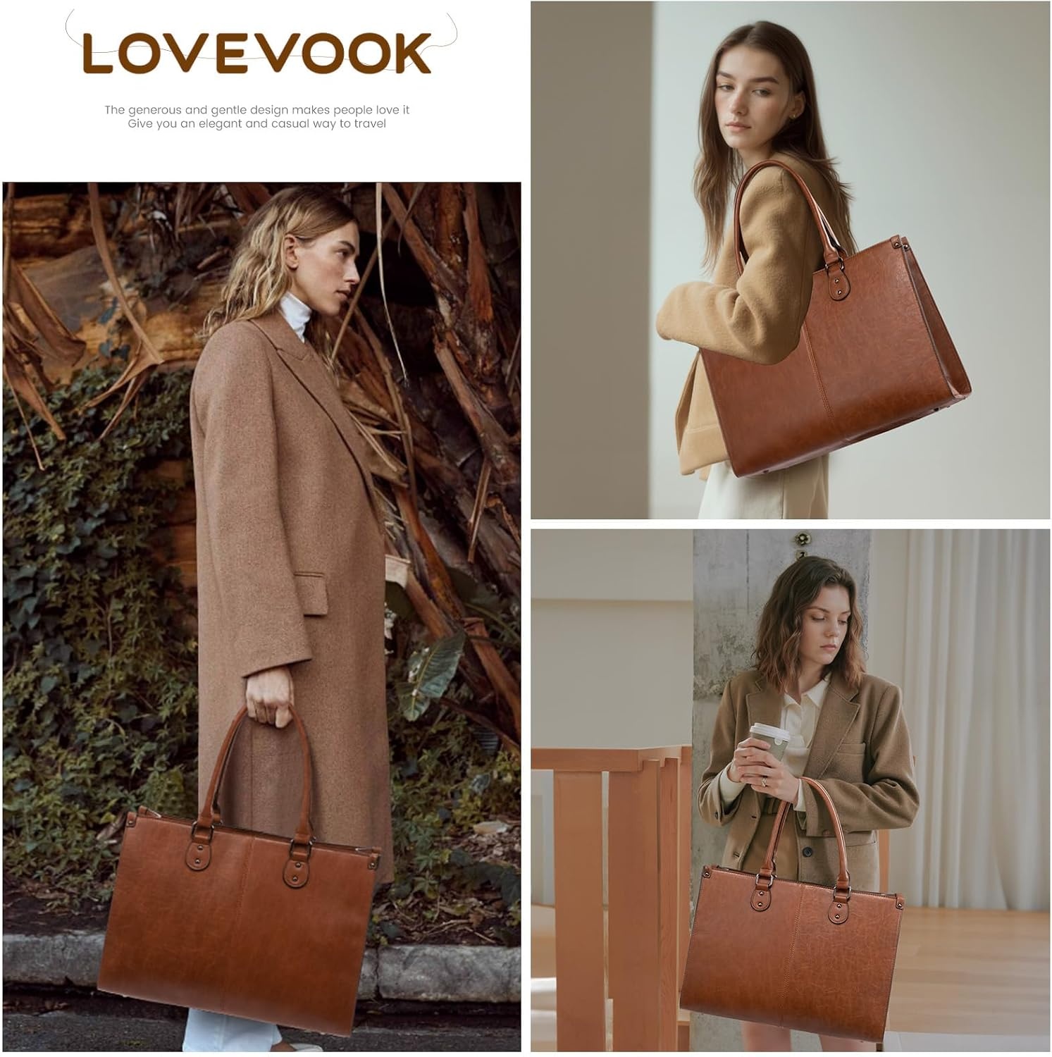 image:imageLOVEVOOK Laptop Tote Bag for Women 156 Inch Professional Work Bag with Matching Clutch Waterproof Vintage Leather Computer Tote for Office Business Travel amp Daily Use Gift for WomenDark Brown