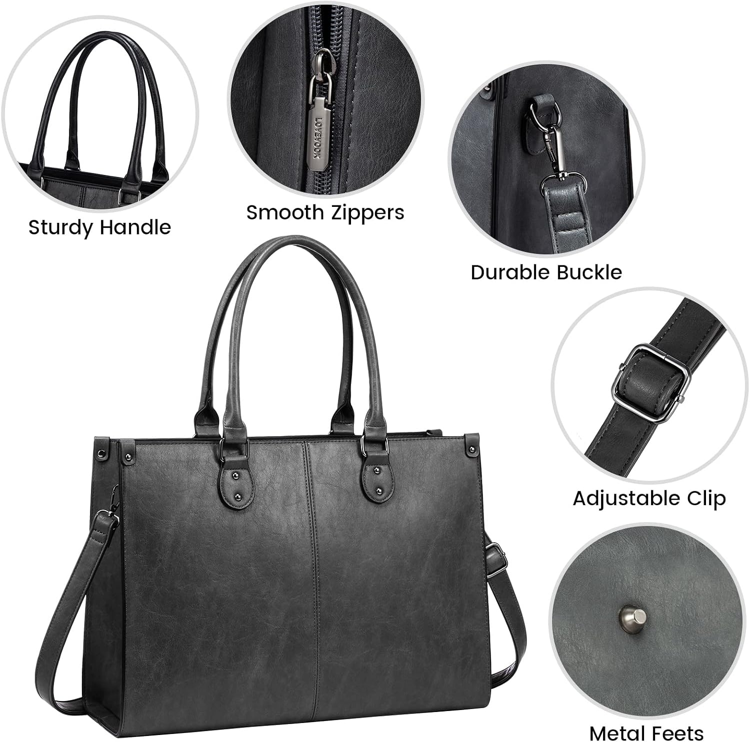 image:imageLOVEVOOK Laptop Tote Bag for Women 156 Inch Professional Work Bag with Matching Clutch Waterproof Vintage Leather Computer Tote for Office Business Travel amp Daily Use Gift for WomenDark Grey