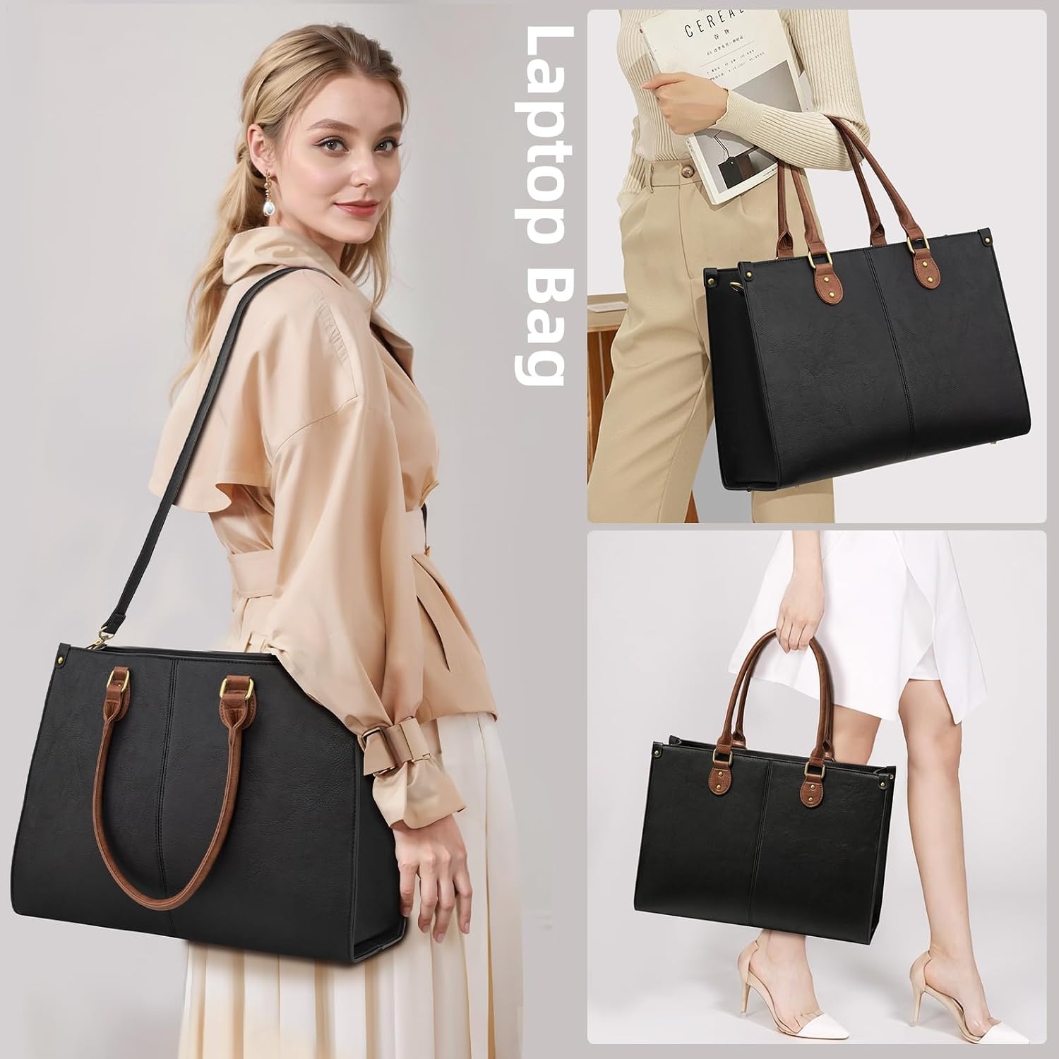 image:imageLOVEVOOK Laptop Tote Bag for Women 156 Inch Professional Work Bag with Matching Clutch Waterproof Vintage Leather Computer Tote for Office Business Travel amp Daily Use Gift for WomenBlack  Brown