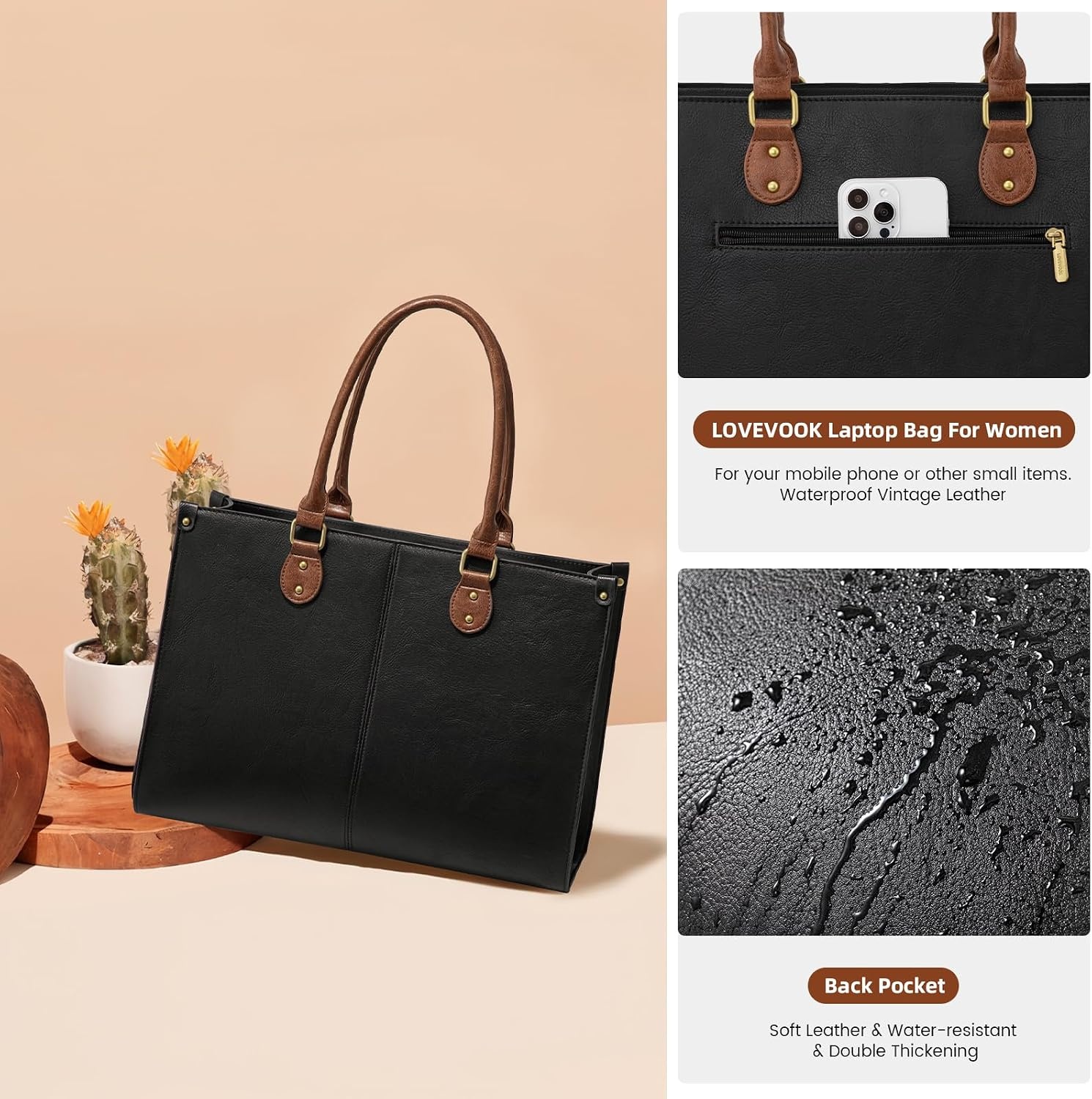 image:imageLOVEVOOK Laptop Tote Bag for Women 156 Inch Professional Work Bag with Matching Clutch Waterproof Vintage Leather Computer Tote for Office Business Travel amp Daily Use Gift for WomenBlack  Brown