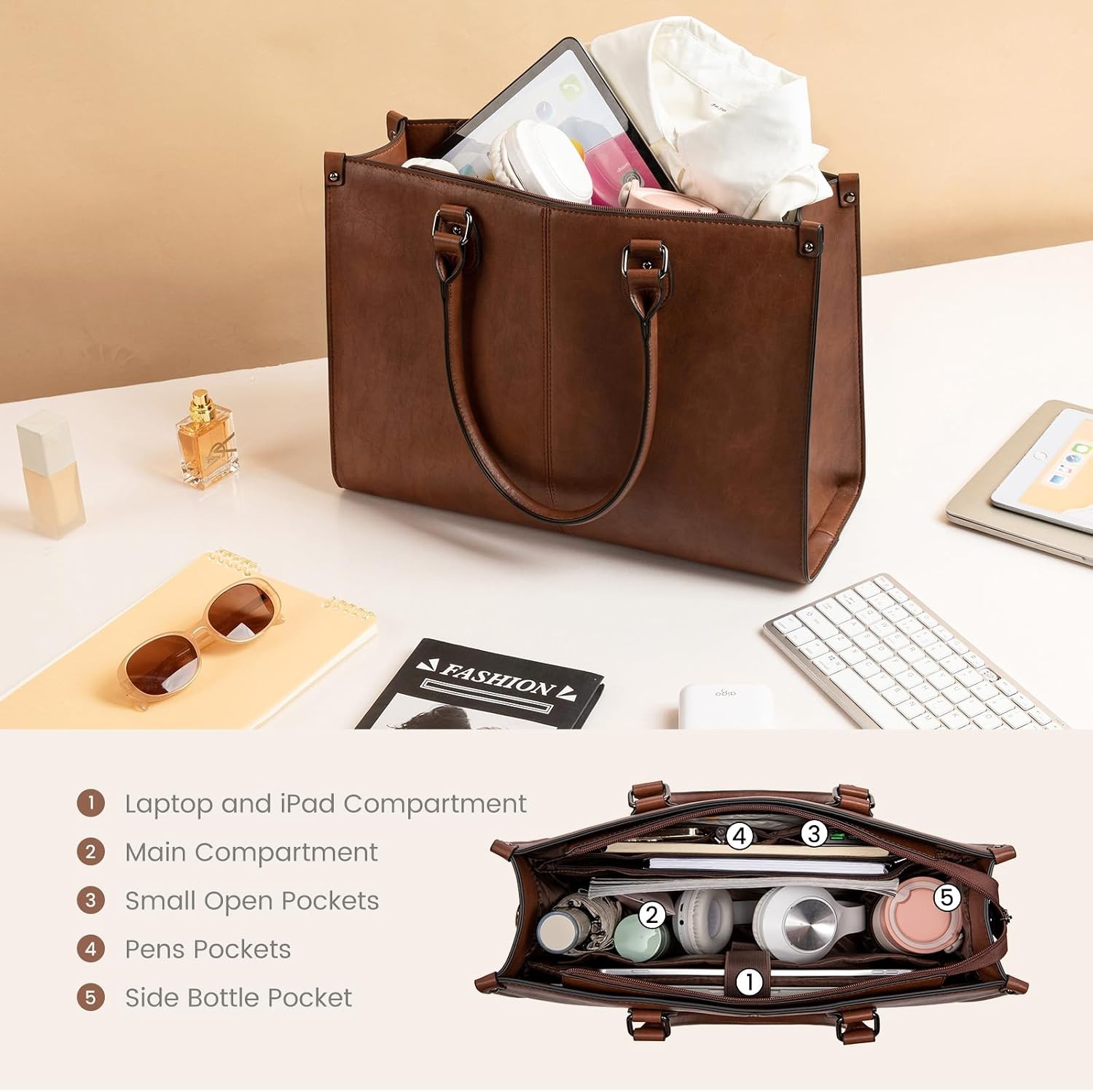 image:imageLOVEVOOK Laptop Tote Bag for Women 156 Inch Professional Work Bag with Matching Clutch Waterproof Vintage Leather Computer Tote for Office Business Travel amp Daily Use Gift for WomenChestnut Brown