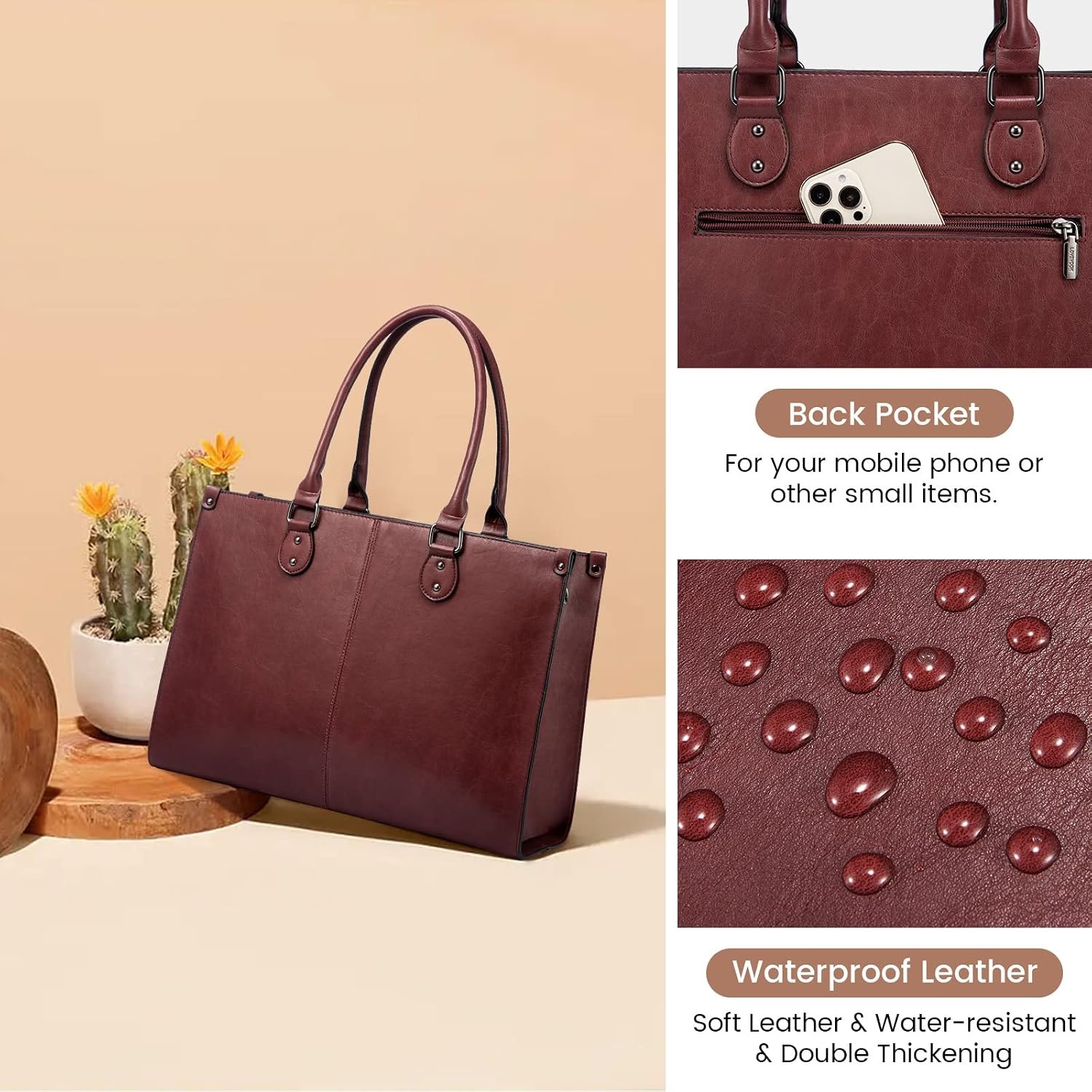 image:imageLOVEVOOK Laptop Tote Bag for Women 156 Inch Professional Work Bag with Matching Clutch Waterproof Vintage Leather Computer Tote for Office Business Travel amp Daily Use Gift for WomenWine Red