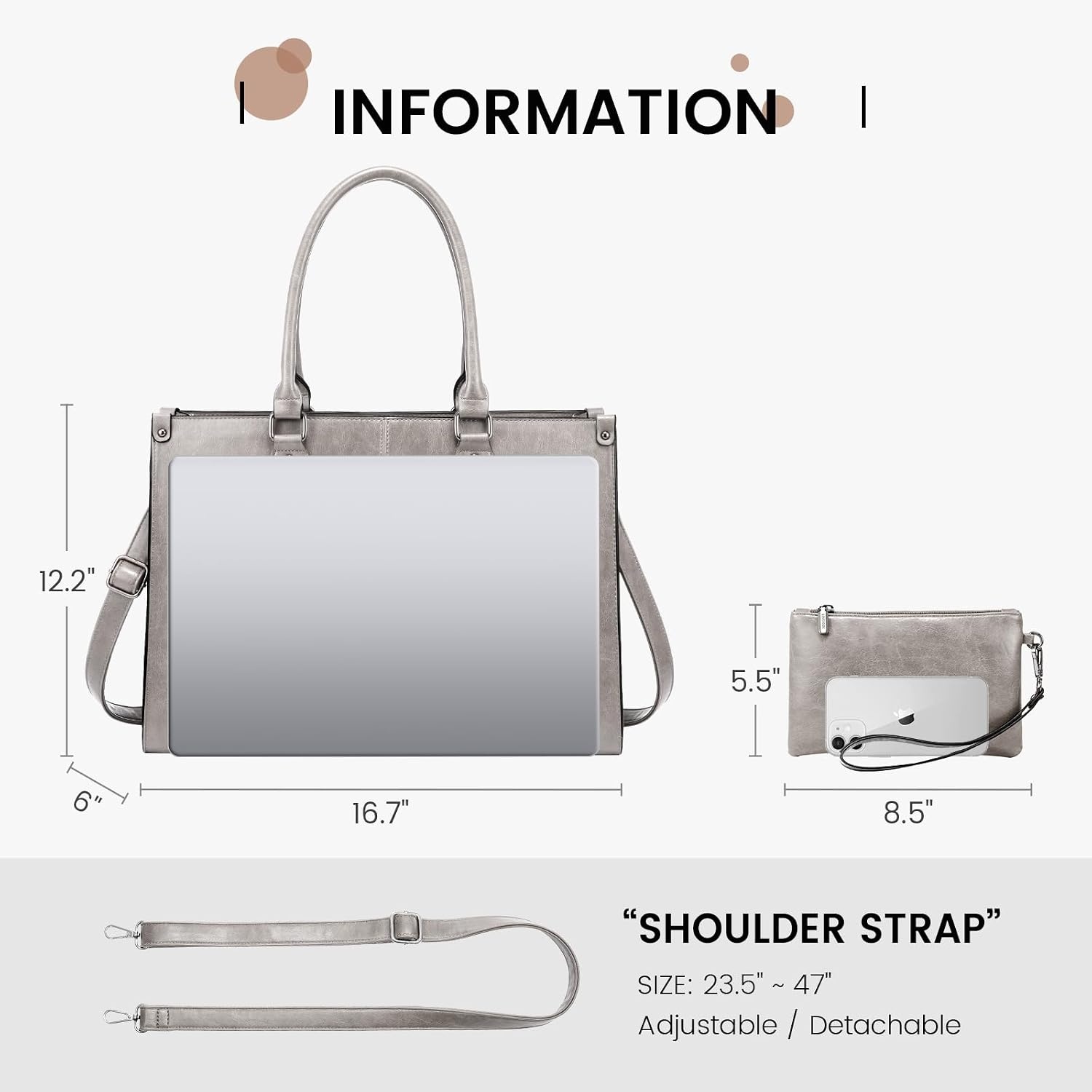 image:imageLOVEVOOK Laptop Tote Bag for Women 156 Inch Professional Work Bag with Matching Clutch Waterproof Vintage Leather Computer Tote for Office Business Travel amp Daily Use Gift for WomenSmoke Gray