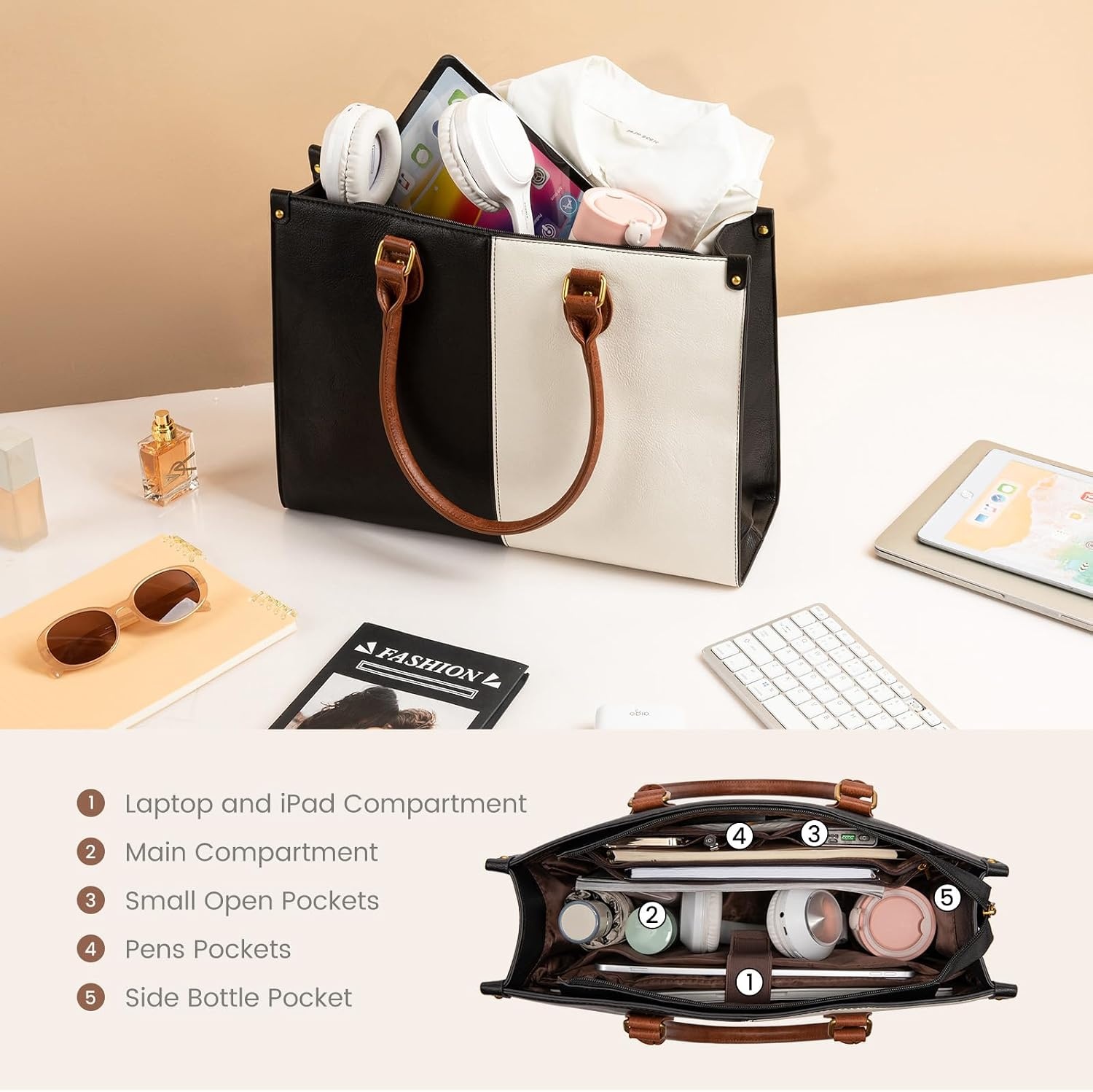 image:imageLOVEVOOK Laptop Tote Bag for Women 156 Inch Professional Work Bag with Matching Clutch Waterproof Vintage Leather Computer Tote for Office Business Travel amp Daily Use Gift for WomenBlack  White  Brown