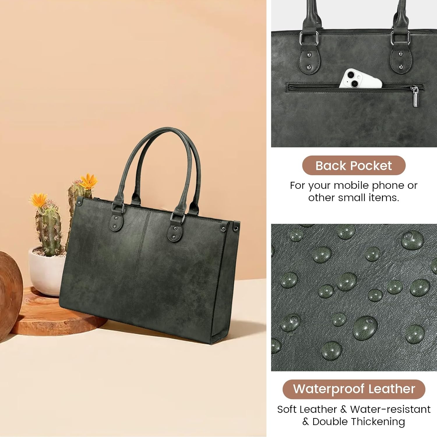 image:imageLOVEVOOK Laptop Tote Bag for Women 156 Inch Professional Work Bag with Matching Clutch Waterproof Vintage Leather Computer Tote for Office Business Travel amp Daily Use Gift for WomenDark Green