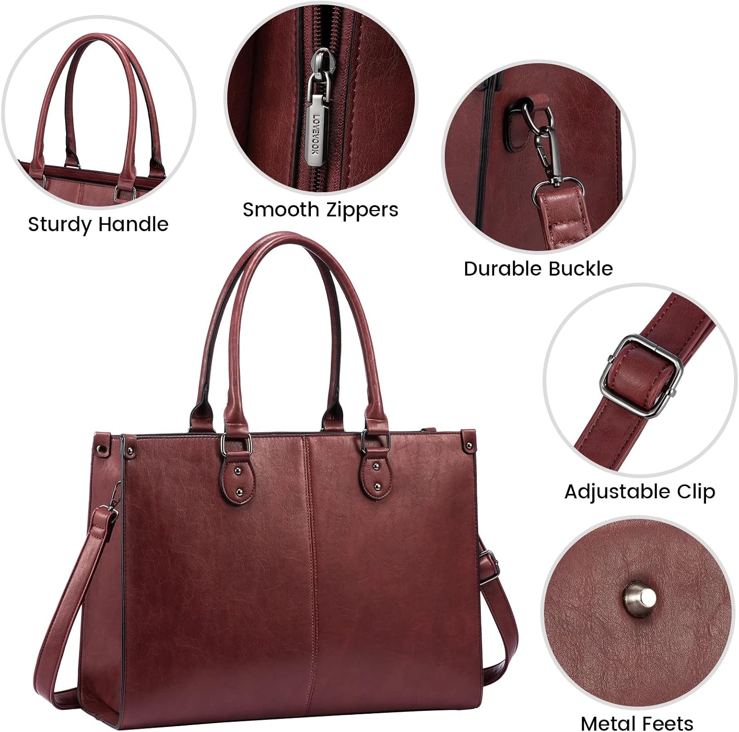 image:imageLOVEVOOK Laptop Tote Bag for Women 156 Inch Professional Work Bag with Matching Clutch Waterproof Vintage Leather Computer Tote for Office Business Travel amp Daily Use Gift for WomenWine Red