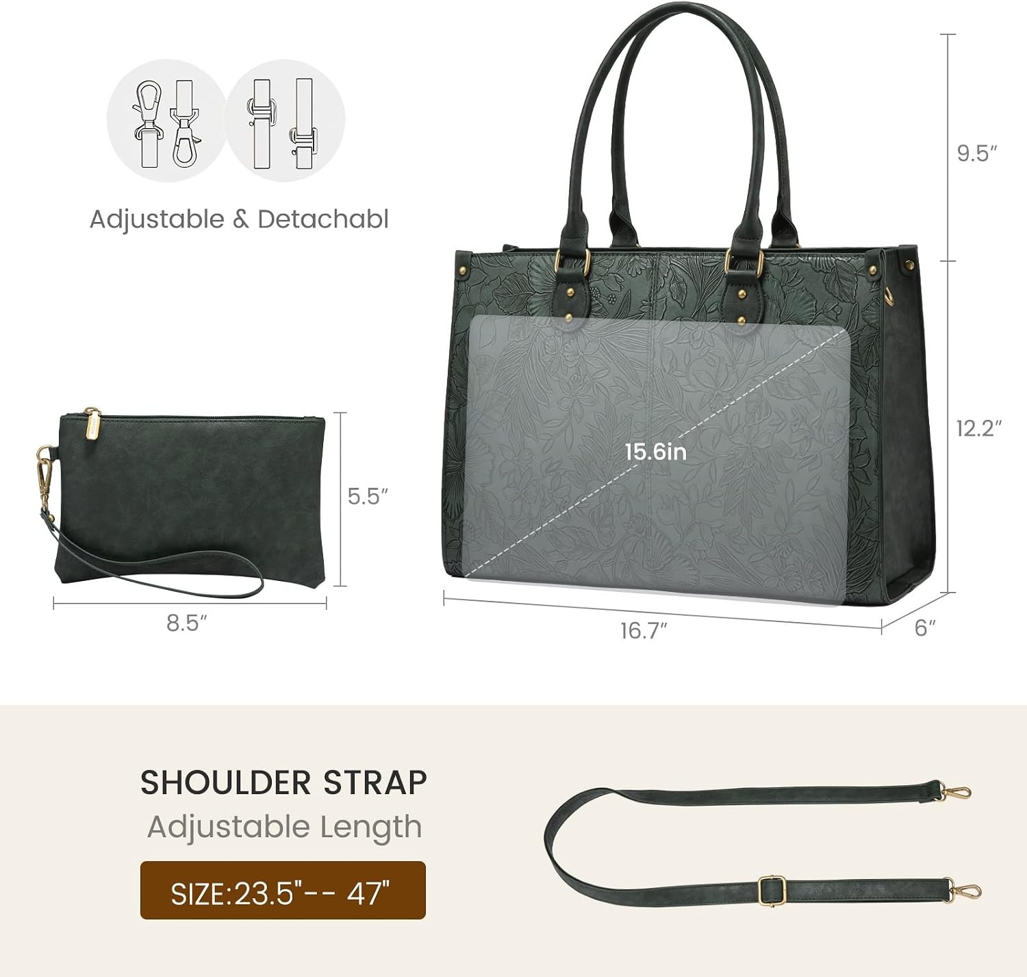 image:imageLOVEVOOK Laptop Tote Bag for Women 156 Inch Professional Work Bag with Matching Clutch Waterproof Vintage Leather Computer Tote for Office Business Travel amp Daily Use Gift for WomenGreen Embossed