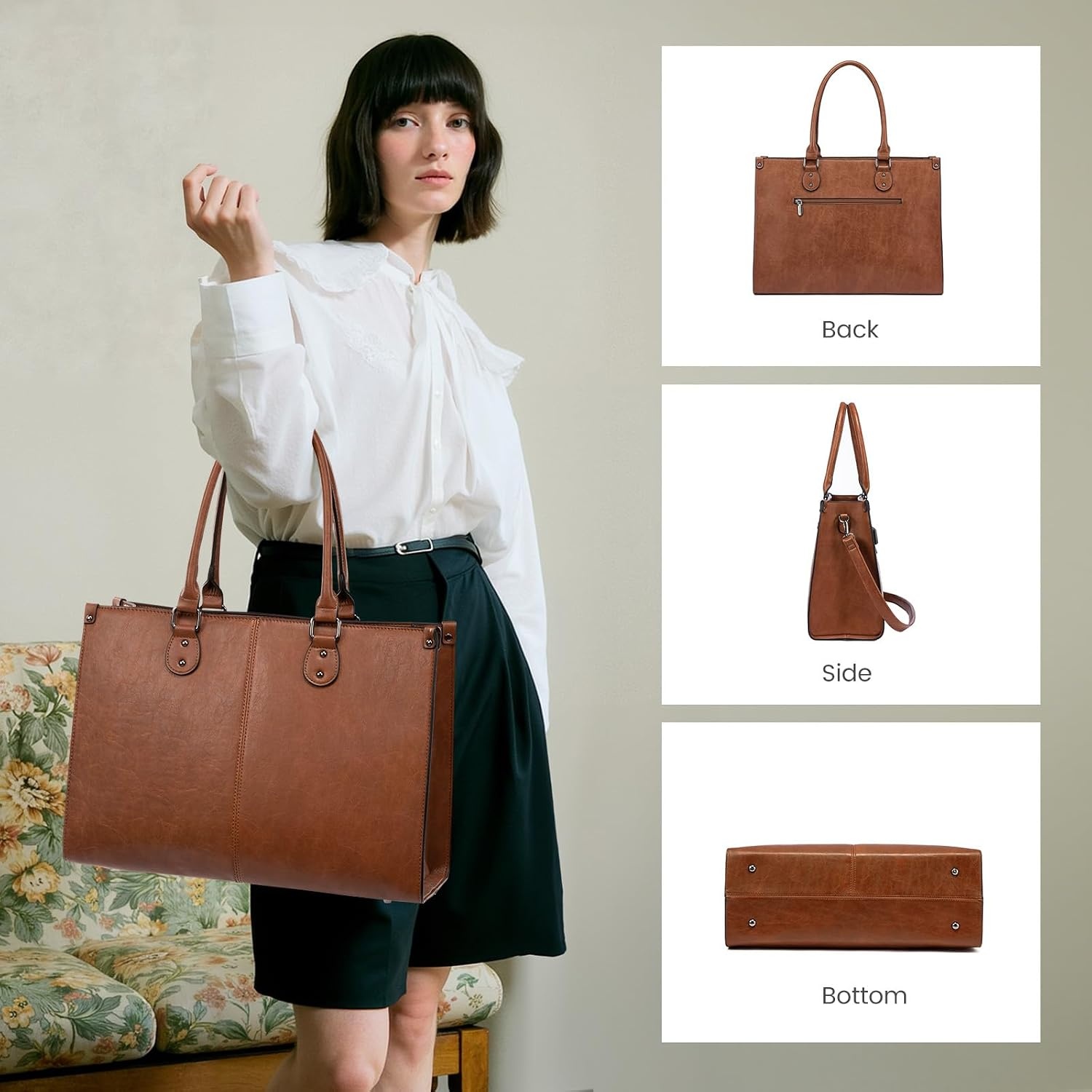image:imageLOVEVOOK Laptop Tote Bag for Women 156 Inch Professional Work Bag with Matching Clutch Waterproof Vintage Leather Computer Tote for Office Business Travel amp Daily Use Gift for WomenDark Brown