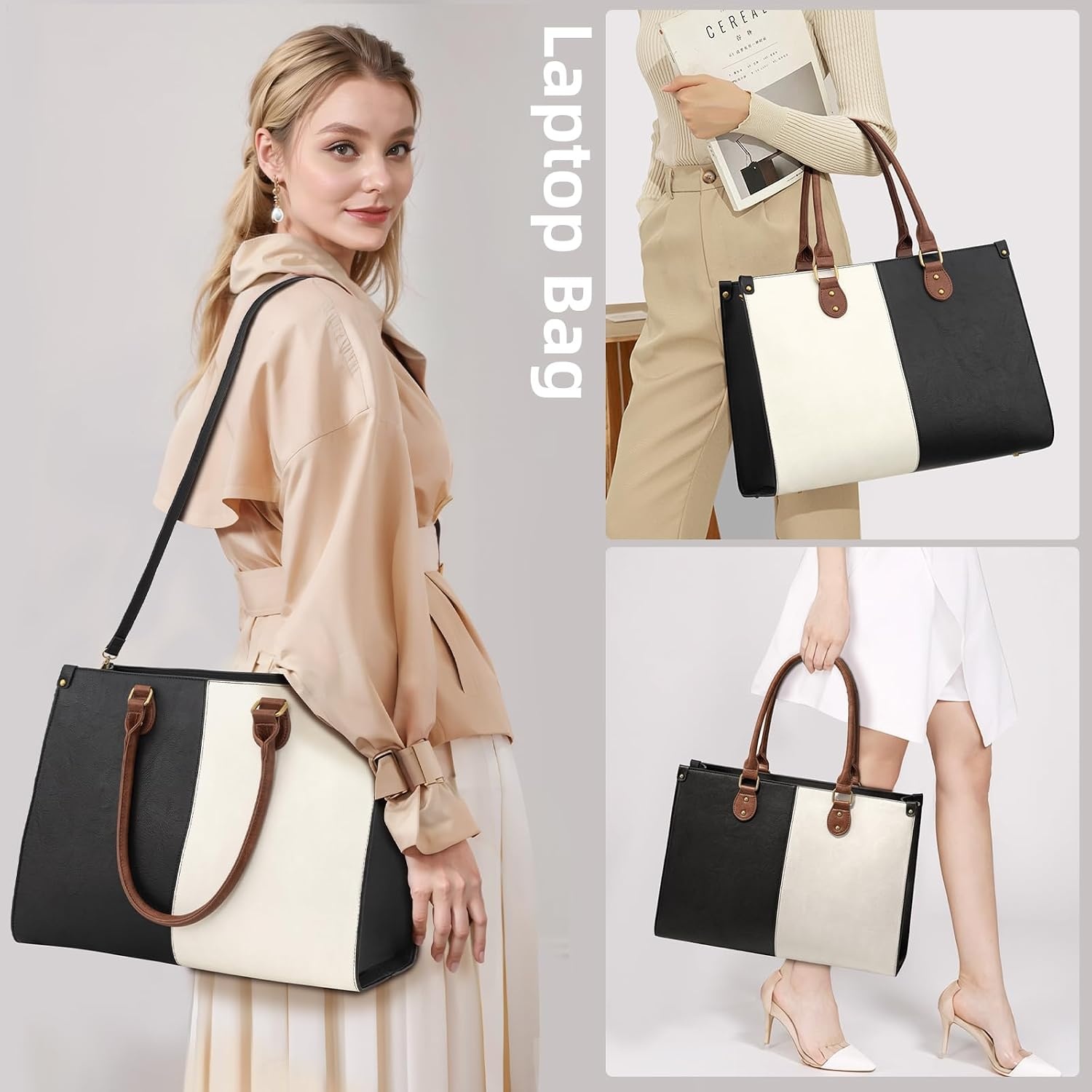 image:imageLOVEVOOK Laptop Tote Bag for Women 156 Inch Professional Work Bag with Matching Clutch Waterproof Vintage Leather Computer Tote for Office Business Travel amp Daily Use Gift for WomenBlack  White  Brown