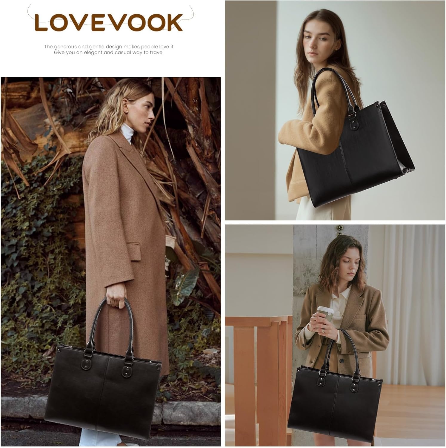 image:imageLOVEVOOK Laptop Tote Bag for Women 156 Inch Professional Work Bag with Matching Clutch Waterproof Vintage Leather Computer Tote for Office Business Travel amp Daily Use Gift for WomenBlack