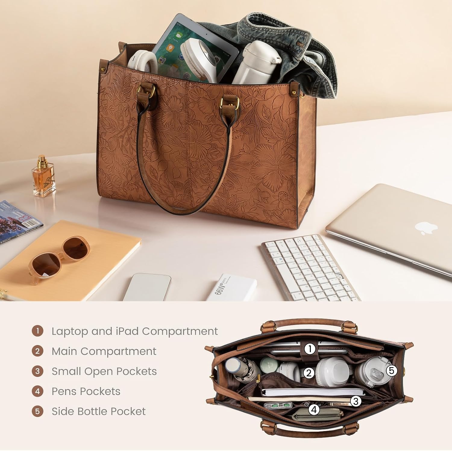 image:imageLOVEVOOK Laptop Tote Bag for Women 156 Inch Professional Work Bag with Matching Clutch Waterproof Vintage Leather Computer Tote for Office Business Travel amp Daily Use Gift for WomenBrown Embossed